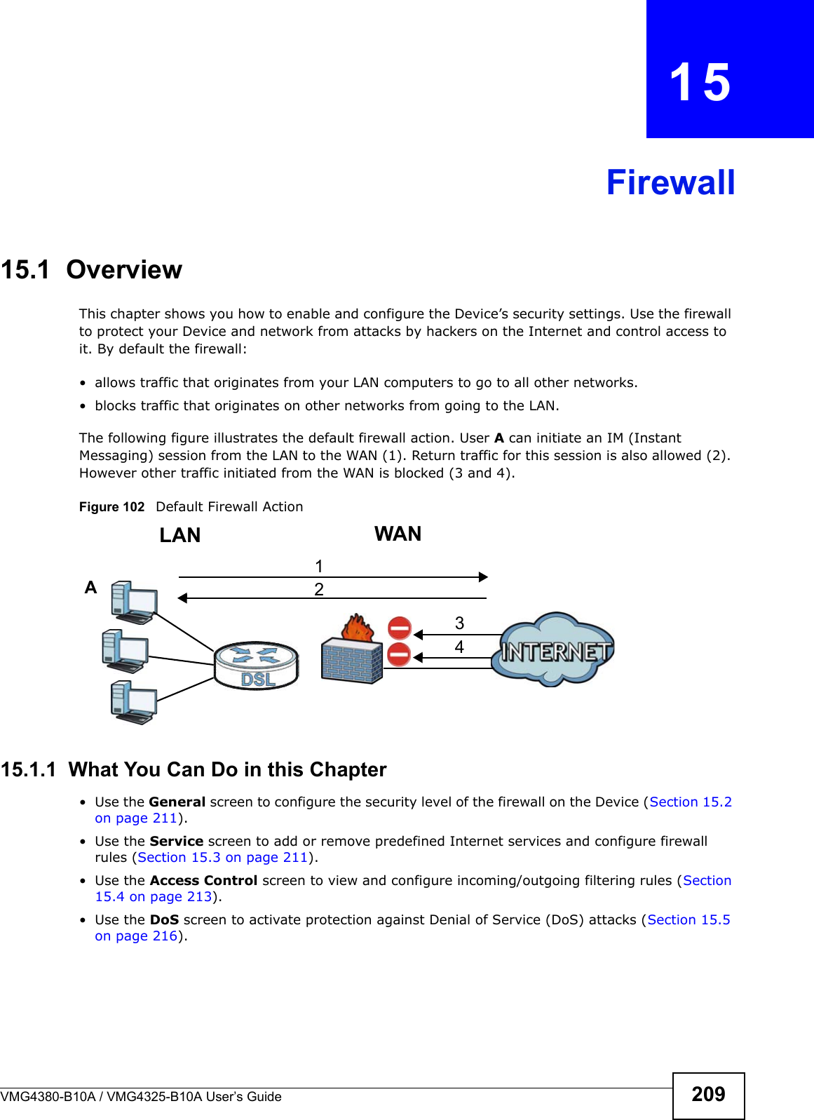 VMG4380-B10A / VMG4325-B10A User’s Guide 209CHAPTER  15Firewall15.1  OverviewThis chapter shows you how to enable and configure the Device’s security settings. Use the firewall to protect your Device and network from attacks by hackers on the Internet and control access to it. By default the firewall:• allows traffic that originates from your LAN computers to go to all other networks. • blocks traffic that originates on other networks from going to the LAN. The following figure illustrates the default firewall action. User A can initiate an IM (Instant Messaging) session from the LAN to the WAN (1). Return traffic for this session is also allowed (2). However other traffic initiated from the WAN is blocked (3 and 4).Figure 102   Default Firewall Action15.1.1  What You Can Do in this Chapter• Use the General screen to configure the security level of the firewall on the Device (Section 15.2 on page 211).• Use the Service screen to add or remove predefined Internet services and configure firewall rules (Section 15.3 on page 211).• Use the Access Control screen to view and configure incoming/outgoing filtering rules (Section 15.4 on page 213). • Use the DoS screen to activate protection against Denial of Service (DoS) attacks (Section 15.5on page 216).WANLAN3412A