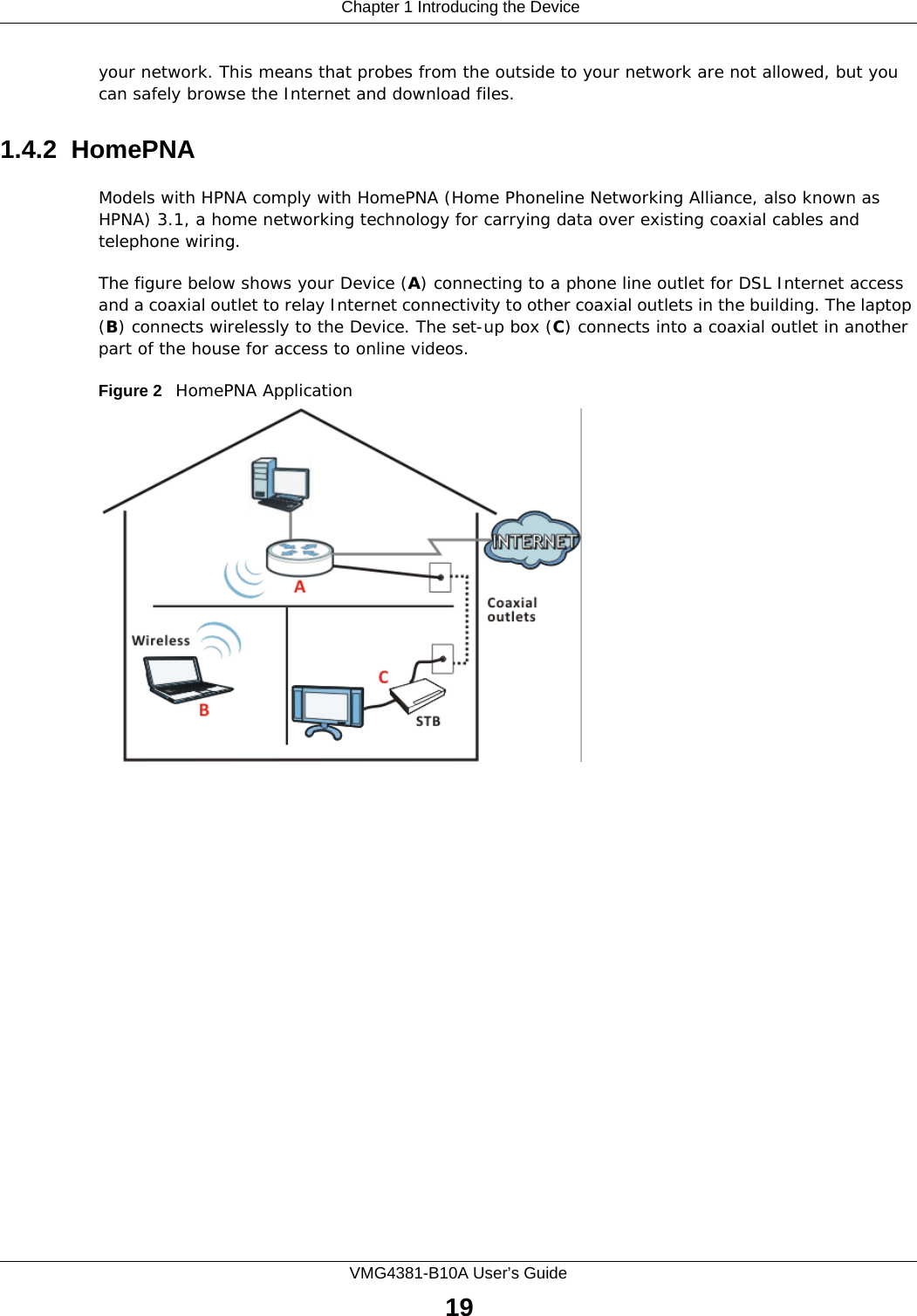  Chapter 1 Introducing the DeviceVMG4381-B10A User’s Guide19your network. This means that probes from the outside to your network are not allowed, but you can safely browse the Internet and download files.1.4.2  HomePNAModels with HPNA comply with HomePNA (Home Phoneline Networking Alliance, also known as HPNA) 3.1, a home networking technology for carrying data over existing coaxial cables and telephone wiring.The figure below shows your Device (A) connecting to a phone line outlet for DSL Internet access and a coaxial outlet to relay Internet connectivity to other coaxial outlets in the building. The laptop (B) connects wirelessly to the Device. The set-up box (C) connects into a coaxial outlet in another part of the house for access to online videos.Figure 2   HomePNA Application 
