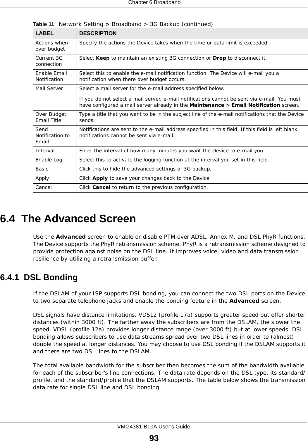  Chapter 6 BroadbandVMG4381-B10A User’s Guide936.4  The Advanced ScreenUse the Advanced screen to enable or disable PTM over ADSL, Annex M, and DSL PhyR functions. The Device supports the PhyR retransmission scheme. PhyR is a retransmission scheme designed to provide protection against noise on the DSL line. It improves voice, video and data transmission resilience by utilizing a retransmission buffer.6.4.1  DSL BondingIf the DSLAM of your ISP supports DSL bonding, you can connect the two DSL ports on the Device to two separate telephone jacks and enable the bonding feature in the Advanced screen.DSL signals have distance limitations. VDSL2 (profile 17a) supports greater speed but offer shorter distances (within 3000 ft). The farther away the subscribers are from the DSLAM, the slower the speed. VDSL (profile 12a) provides longer distance range (over 3000 ft) but at lower speeds. DSL bonding allows subscribers to use data streams spread over two DSL lines in order to (almost) double the speed at longer distances. You may choose to use DSL bonding if the DSLAM supports it and there are two DSL lines to the DSLAM. The total available bandwidth for the subscriber then becomes the sum of the bandwidth available for each of the subscriber’s line connections. The data rate depends on the DSL type, its standard/profile, and the standard/profile that the DSLAM supports. The table below shows the transmission data rate for single DSL line and DSL bonding.Actions when over budget Specify the actions the Device takes when the time or data limit is exceeded. Current 3G connection  Select Keep to maintain an existing 3G connection or Drop to disconnect it. Enable Email Notification  Select this to enable the e-mail notification function. The Device will e-mail you a notification when there over budget occurs.Mail Server Select a mail server for the e-mail address specified below. If you do not select a mail server, e-mail notifications cannot be sent via e-mail. You must have configured a mail server already in the Maintenance &gt; Email Notification screen.Over Budget Email Title Type a title that you want to be in the subject line of the e-mail notifications that the Device sends.Send Notification to EmailNotifications are sent to the e-mail address specified in this field. If this field is left blank, notifications cannot be sent via e-mail. Interval Enter the interval of how many minutes you want the Device to e-mail you.Enable Log Select this to activate the logging function at the interval you set in this field. Basic Click this to hide the advanced settings of 3G backup.Apply Click Apply to save your changes back to the Device.Cancel Click Cancel to return to the previous configuration.Table 11   Network Setting &gt; Broadband &gt; 3G Backup (continued)LABEL DESCRIPTION
