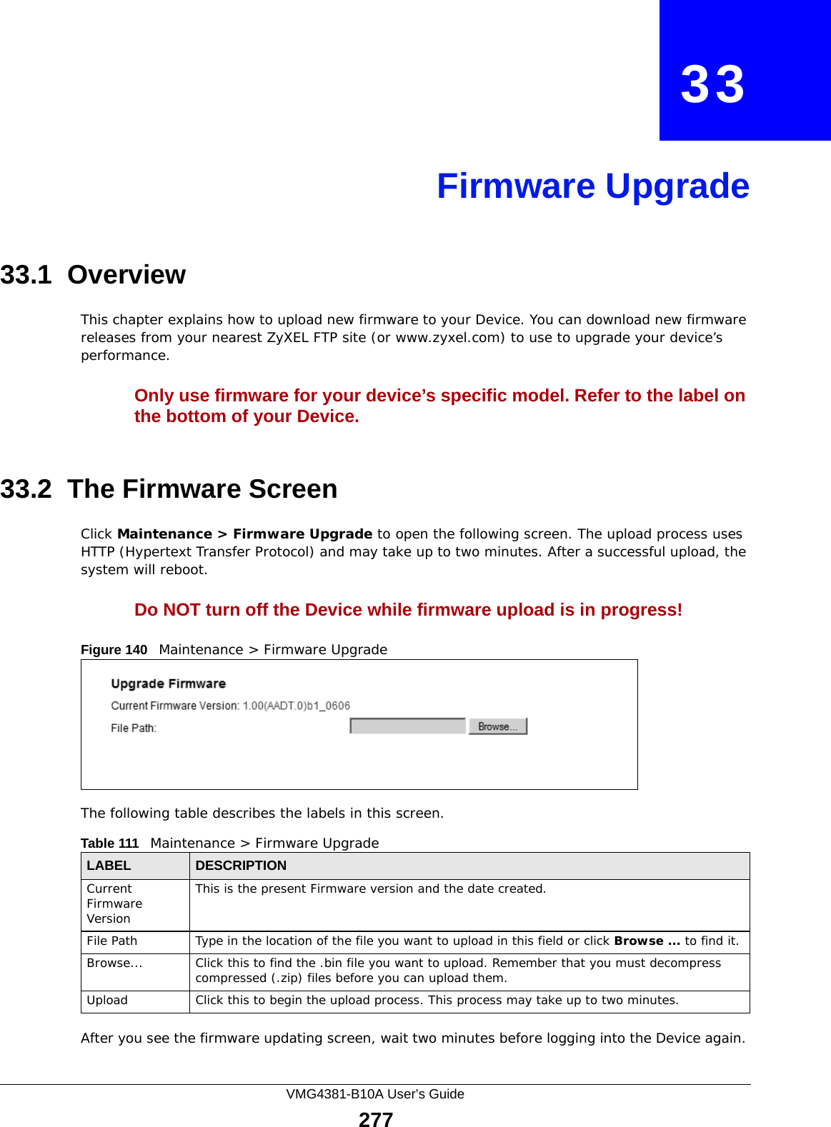 VMG4381-B10A User’s Guide277CHAPTER   33Firmware Upgrade33.1  OverviewThis chapter explains how to upload new firmware to your Device. You can download new firmware releases from your nearest ZyXEL FTP site (or www.zyxel.com) to use to upgrade your device’s performance.Only use firmware for your device’s specific model. Refer to the label on the bottom of your Device.33.2  The Firmware ScreenClick Maintenance &gt; Firmware Upgrade to open the following screen. The upload process uses HTTP (Hypertext Transfer Protocol) and may take up to two minutes. After a successful upload, the system will reboot. Do NOT turn off the Device while firmware upload is in progress!Figure 140   Maintenance &gt; Firmware UpgradeThe following table describes the labels in this screen. After you see the firmware updating screen, wait two minutes before logging into the Device again. Table 111   Maintenance &gt; Firmware UpgradeLABEL DESCRIPTIONCurrent Firmware VersionThis is the present Firmware version and the date created. File Path Type in the location of the file you want to upload in this field or click Browse ... to find it.Browse...  Click this to find the .bin file you want to upload. Remember that you must decompress compressed (.zip) files before you can upload them. Upload  Click this to begin the upload process. This process may take up to two minutes.