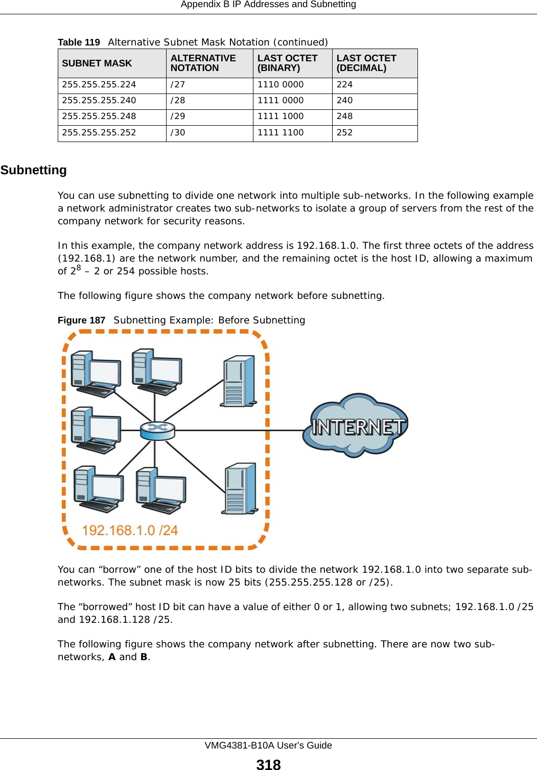 Appendix B IP Addresses and SubnettingVMG4381-B10A User’s Guide318SubnettingYou can use subnetting to divide one network into multiple sub-networks. In the following example a network administrator creates two sub-networks to isolate a group of servers from the rest of the company network for security reasons.In this example, the company network address is 192.168.1.0. The first three octets of the address (192.168.1) are the network number, and the remaining octet is the host ID, allowing a maximum of 28 – 2 or 254 possible hosts.The following figure shows the company network before subnetting.  Figure 187   Subnetting Example: Before SubnettingYou can “borrow” one of the host ID bits to divide the network 192.168.1.0 into two separate sub-networks. The subnet mask is now 25 bits (255.255.255.128 or /25).The “borrowed” host ID bit can have a value of either 0 or 1, allowing two subnets; 192.168.1.0 /25 and 192.168.1.128 /25. The following figure shows the company network after subnetting. There are now two sub-networks, A and B. 255.255.255.224 /27 1110 0000 224255.255.255.240 /28 1111 0000 240255.255.255.248 /29 1111 1000 248255.255.255.252 /30 1111 1100 252Table 119   Alternative Subnet Mask Notation (continued)SUBNET MASK ALTERNATIVE NOTATION LAST OCTET (BINARY) LAST OCTET (DECIMAL)