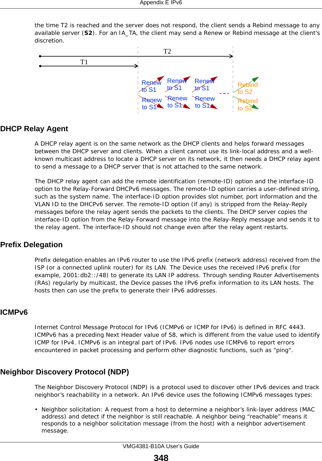 Appendix E IPv6VMG4381-B10A User’s Guide348the time T2 is reached and the server does not respond, the client sends a Rebind message to any available server (S2). For an IA_TA, the client may send a Renew or Rebind message at the client&apos;s discretion. DHCP Relay AgentA DHCP relay agent is on the same network as the DHCP clients and helps forward messages between the DHCP server and clients. When a client cannot use its link-local address and a well-known multicast address to locate a DHCP server on its network, it then needs a DHCP relay agent to send a message to a DHCP server that is not attached to the same network.The DHCP relay agent can add the remote identification (remote-ID) option and the interface-ID option to the Relay-Forward DHCPv6 messages. The remote-ID option carries a user-defined string, such as the system name. The interface-ID option provides slot number, port information and the VLAN ID to the DHCPv6 server. The remote-ID option (if any) is stripped from the Relay-Reply messages before the relay agent sends the packets to the clients. The DHCP server copies the interface-ID option from the Relay-Forward message into the Relay-Reply message and sends it to the relay agent. The interface-ID should not change even after the relay agent restarts.Prefix DelegationPrefix delegation enables an IPv6 router to use the IPv6 prefix (network address) received from the ISP (or a connected uplink router) for its LAN. The Device uses the received IPv6 prefix (for example, 2001:db2::/48) to generate its LAN IP address. Through sending Router Advertisements (RAs) regularly by multicast, the Device passes the IPv6 prefix information to its LAN hosts. The hosts then can use the prefix to generate their IPv6 addresses.ICMPv6Internet Control Message Protocol for IPv6 (ICMPv6 or ICMP for IPv6) is defined in RFC 4443. ICMPv6 has a preceding Next Header value of 58, which is different from the value used to identify ICMP for IPv4. ICMPv6 is an integral part of IPv6. IPv6 nodes use ICMPv6 to report errors encountered in packet processing and perform other diagnostic functions, such as &quot;ping&quot;.Neighbor Discovery Protocol (NDP)The Neighbor Discovery Protocol (NDP) is a protocol used to discover other IPv6 devices and track neighbor’s reachability in a network. An IPv6 device uses the following ICMPv6 messages types: • Neighbor solicitation: A request from a host to determine a neighbor’s link-layer address (MAC address) and detect if the neighbor is still reachable. A neighbor being “reachable” means it responds to a neighbor solicitation message (from the host) with a neighbor advertisement message. T1T2Renew RebindRebindto S1Renewto S1Renewto S1Renewto S1Renewto S1Renewto S1to S2to S2