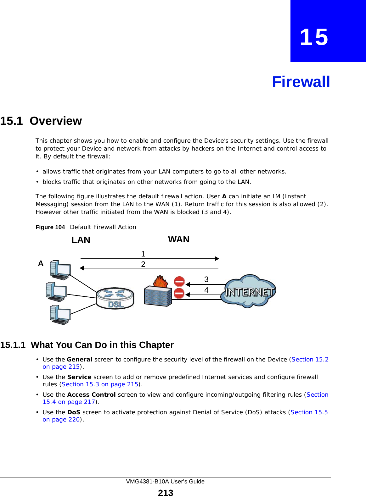 VMG4381-B10A User’s Guide213CHAPTER   15Firewall15.1  OverviewThis chapter shows you how to enable and configure the Device’s security settings. Use the firewall to protect your Device and network from attacks by hackers on the Internet and control access to it. By default the firewall:• allows traffic that originates from your LAN computers to go to all other networks. • blocks traffic that originates on other networks from going to the LAN. The following figure illustrates the default firewall action. User A can initiate an IM (Instant Messaging) session from the LAN to the WAN (1). Return traffic for this session is also allowed (2). However other traffic initiated from the WAN is blocked (3 and 4).Figure 104   Default Firewall Action15.1.1  What You Can Do in this Chapter•Use the General screen to configure the security level of the firewall on the Device (Section 15.2 on page 215).•Use the Service screen to add or remove predefined Internet services and configure firewall rules (Section 15.3 on page 215).•Use the Access Control screen to view and configure incoming/outgoing filtering rules (Section 15.4 on page 217). •Use the DoS screen to activate protection against Denial of Service (DoS) attacks (Section 15.5 on page 220).WANLAN3412A