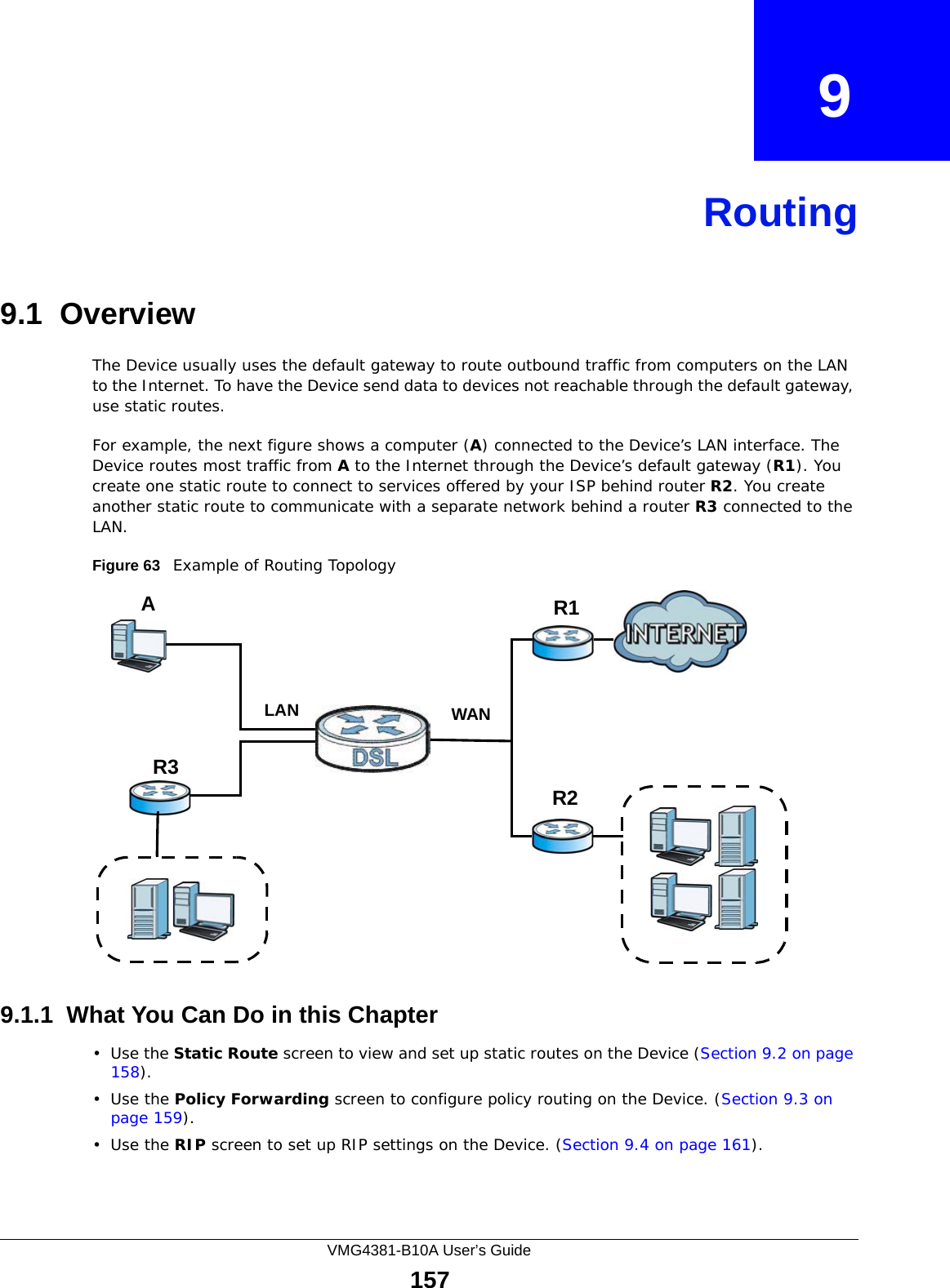 VMG4381-B10A User’s Guide157CHAPTER   9Routing9.1  Overview The Device usually uses the default gateway to route outbound traffic from computers on the LAN to the Internet. To have the Device send data to devices not reachable through the default gateway, use static routes.For example, the next figure shows a computer (A) connected to the Device’s LAN interface. The Device routes most traffic from A to the Internet through the Device’s default gateway (R1). You create one static route to connect to services offered by your ISP behind router R2. You create another static route to communicate with a separate network behind a router R3 connected to the LAN.   Figure 63   Example of Routing Topology9.1.1  What You Can Do in this Chapter•Use the Static Route screen to view and set up static routes on the Device (Section 9.2 on page 158).•Use the Policy Forwarding screen to configure policy routing on the Device. (Section 9.3 on page 159). •Use the RIP screen to set up RIP settings on the Device. (Section 9.4 on page 161).WANR1R2AR3LAN