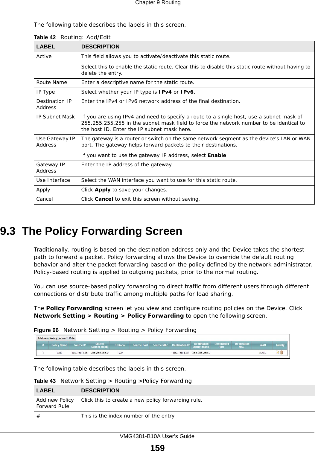  Chapter 9 RoutingVMG4381-B10A User’s Guide159The following table describes the labels in this screen. 9.3  The Policy Forwarding ScreenTraditionally, routing is based on the destination address only and the Device takes the shortest path to forward a packet. Policy forwarding allows the Device to override the default routing behavior and alter the packet forwarding based on the policy defined by the network administrator. Policy-based routing is applied to outgoing packets, prior to the normal routing.You can use source-based policy forwarding to direct traffic from different users through different connections or distribute traffic among multiple paths for load sharing.The Policy Forwarding screen let you view and configure routing policies on the Device. Click Network Setting &gt; Routing &gt; Policy Forwarding to open the following screen.Figure 66   Network Setting &gt; Routing &gt; Policy ForwardingThe following table describes the labels in this screen. Table 42   Routing: Add/EditLABEL DESCRIPTIONActive This field allows you to activate/deactivate this static route.Select this to enable the static route. Clear this to disable this static route without having to delete the entry.Route Name Enter a descriptive name for the static route.IP Type Select whether your IP type is IPv4 or IPv6. Destination IP Address Enter the IPv4 or IPv6 network address of the final destination. IP Subnet Mask  If you are using IPv4 and need to specify a route to a single host, use a subnet mask of 255.255.255.255 in the subnet mask field to force the network number to be identical to the host ID. Enter the IP subnet mask here.Use Gateway IP Address  The gateway is a router or switch on the same network segment as the device&apos;s LAN or WAN port. The gateway helps forward packets to their destinations.If you want to use the gateway IP address, select Enable.Gateway IP Address Enter the IP address of the gateway. Use Interface Select the WAN interface you want to use for this static route.Apply Click Apply to save your changes.Cancel Click Cancel to exit this screen without saving.Table 43   Network Setting &gt; Routing &gt;Policy ForwardingLABEL DESCRIPTIONAdd new Policy Forward Rule Click this to create a new policy forwarding rule.#This is the index number of the entry.