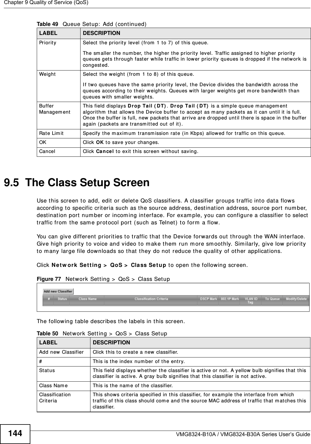 Chapter 9 Quality of Service (QoS)VMG8324-B10A / VMG8324-B30A Series User’s Guide1449.5  The Class Setup Screen Use t his screen to add, edit  or delet e QoS classifiers. A classifier groups t raffic into dat a flows according t o specific crit eria such as t he source address, destinat ion address, source port num ber, dest inat ion port  num ber or incom ing interface. For exam ple, you can configure a classifier to select  traffic from  the sam e prot ocol port ( such as Telnet )  to form  a flow.You can give different  priorit ies to traffic t hat  t he Device forwar ds out t hrough t he WAN int er face. Give high priority t o voice and video to m ake t hem  run m ore sm oot hly. Sim ilarly, give low priorit y to m any large file downloads so t hat  they do not  reduce the qualit y of ot her applicat ions. Click N et w ork  Se t t ing &gt;  QoS &gt;  Cla ss Se t up to open the following screen.Figure 77   Net work Set t ing &gt;  QoS &gt;  Class Setup The following t able describes t he labels in this screen.  Priority Select the priority level ( from  1 t o 7) of this queue.The sm aller  t he num ber, t he higher the priorit y  level. Traffic assigned t o higher  priorit y queues gets through fast er while t raffic in lower priority queues is dropped if the networ k is congest ed.Weig h t Select  t he weight ( from  1 to 8)  of t his queue. I f t wo queues have t he sam e priorit y level, t he Device div ides t he bandwidth across the queues according t o t heir w eights. Queues wit h larger weights get m ore bandwidt h t han queues wit h sm aller w eights.Buffer Managem entThis field displays Drop Ta il ( DT) . Dr op Ta il ( D T)  is a sim ple queue m anagem ent algorit hm  t hat  allows t he Dev ice buffer  t o accept  as m any packets as it  can unt il it  is full. Once t he buffer is full, new packets t hat  arrive are dropped until t here is space in the buffer again ( packet s are t ransm it t ed out of it ) . Rat e Lim it Specify t he m axim um  t ransm ission rat e ( in Kbps)  allow ed for t raffic on this queue.OK Click OK t o save your changes.Cancel Click Ca nce l to exit t his screen without  saving.Table 49   Queue Setup:  Add ( cont inued)LABEL DESCRIPTIONTable 50   Net work Sett ing &gt;  QoS &gt;  Class Set upLABEL DESCRIPTIONAdd new Classifier Click this t o create a new classifier.#This is t he index  num ber of t he entry.St atus This field display s whet her  t h e classif ier  is act ive or not . A y ellow  bulb sign ifies t h at  t his classifier is act iv e. A gray bulb signifies that  t his classifier  is not  act iv e.Class Nam e This is t he nam e of t he classifier.Classification CriteriaThis show s crit er ia specified in t his classifier, for exam ple t he int erface from  which traffic of t his class should com e and t he source MAC address of t raffic that  m at ches this classifier.