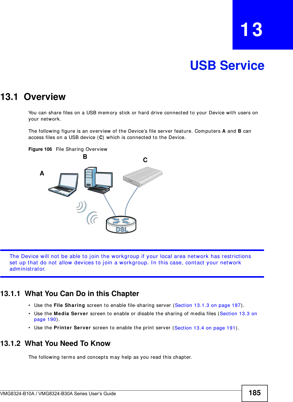 VMG8324-B10A / VMG8324-B30A Series User’s Guide 185CHAPTER   13USB Service13.1  Overview You can share files on a USB m em ory st ick or hard drive connected t o your Device wit h users on your net work. The following figure is an overview of t he Device’s file server feat ure. Com put ers A and B can access files on a USB device ( C)  which is connect ed to the Device.Figure 106   File Sharing OverviewThe Device will not be able t o j oin the workgroup if your local area network has restrict ions set up t hat  do not allow devices t o j oin a workgroup. I n this case, cont act  your net work  adm inistrat or.13.1.1  What You Can Do in this Chapter• Use the File  Sh a ring screen t o enable file-sharing server (Sect ion 13.1.3 on page 187) . • Use the M edia  Se r ve r  screen to enable or disable t he sharing of m edia files ( Sect ion 13.3 on page 190) .• Use the Pr int er  Se rver scr een t o enable t he print  server (Sect ion 13.4 on page 191) .13.1.2  What You Need To KnowThe following t erm s and concept s m ay help as you read t his chapt er.ABC