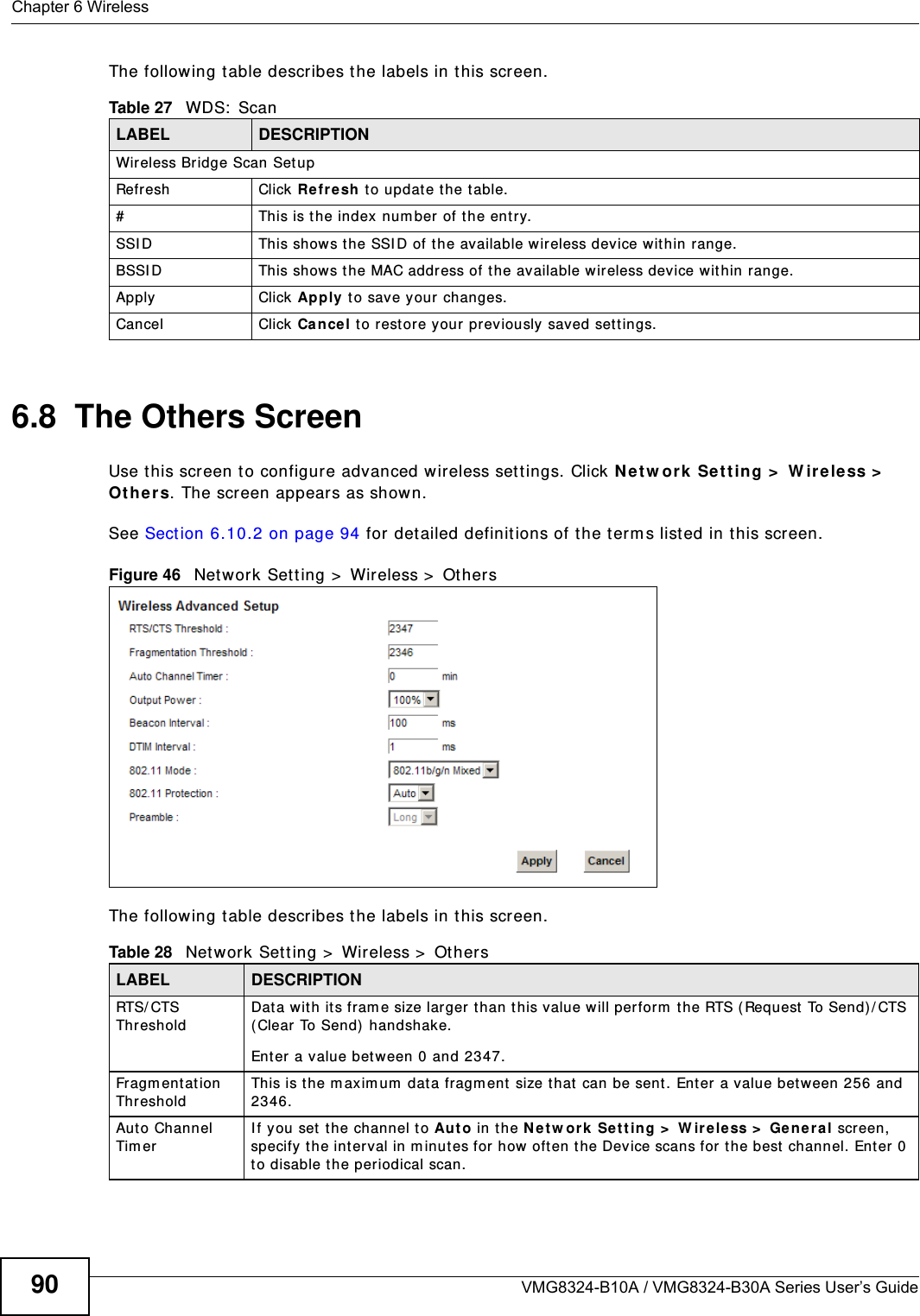 Chapter 6 WirelessVMG8324-B10A / VMG8324-B30A Series User’s Guide90The following t able describes t he labels in this screen.6.8  The Others ScreenUse t his screen t o configure advanced wireless set t ings. Click N e t w or k Se t t ing &gt;  W ireless &gt;  Ot h er s. The screen appears as shown.See Sect ion 6.10.2 on page 94 for detailed definit ions of t he term s listed in t his scr een.Figure 46   Net work Set t ing &gt;  Wireless &gt;  Ot hersThe following t able describes t he labels in this screen. Table 27   WDS:  ScanLABEL DESCRIPTIONWireless Bridge Scan SetupRefresh Click Refr esh  t o updat e t he t able. # This is t he index  num ber of the ent ry.SSI D This shows t he SSI D of t he available wir eless dev ice wit hin range.BSSI D This show s t he MAC address of t he available wireless device wit hin range.Apply Click Apply t o save your  changes.Cancel Click Cancel t o r est ore your previously saved set t ings.Table 28   Net work Set t ing &gt;  Wireless &gt;  Other sLABEL DESCRIPTIONRTS/ CTS ThresholdDat a wit h it s fram e size larger t han t his value will perform  t he RTS ( Request  To Send) / CTS ( Clear To Send)  handshake. Enter a value bet ween 0 and 2347. Fragm ent ation ThresholdThis is the m ax im um  data fragm ent  size that can be sent. Enter a value bet ween 256 and 2346. Aut o Channel Tim erI f you set t he channel to Au t o in the N e t w ork Set t ing &gt;  W irele ss &gt;  Ge n e r a l screen, specify the int erval in m inutes for how  oft en t he Device scans for t he best  channel. Enter 0 to disable the periodical scan.