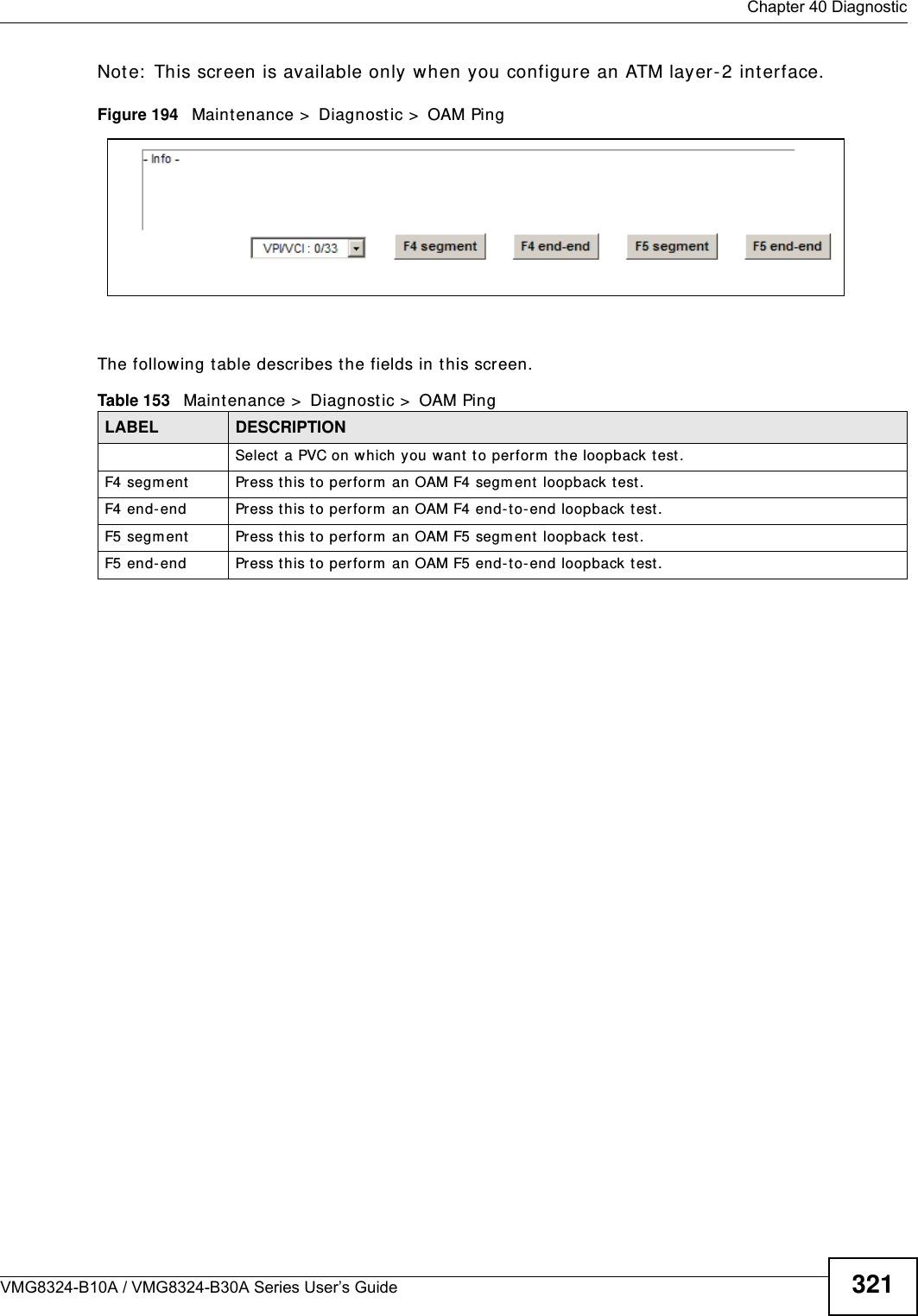  Chapter 40 DiagnosticVMG8324-B10A / VMG8324-B30A Series User’s Guide 321Note:  This screen is available only when you configure an ATM layer-2 int erface.Figure 194   Maintenance &gt;  Diagnost ic &gt;  OAM PingThe following t able describes the fields in this screen. Table 153   Maint enance &gt;  Diagnostic &gt;  OAM PingLABEL DESCRIPTIONSelect a PVC on w hich you want  to perfor m  t he loopback t est.F4 segment Press t his to per form  an OAM F4 segm ent loopback test.F4 end-end Press this t o perform  an OAM F4 end- t o-end loopback t est .F5 segment Press t his to per form  an OAM F5 segm ent loopback test.F5 end-end Press this t o perform  an OAM F5 end- t o-end loopback t est .