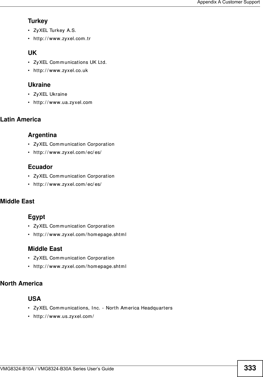  Appendix A Customer SupportVMG8324-B10A / VMG8324-B30A Series User’s Guide 333Turkey• ZyXEL Turkey A.S.• htt p: / / www.zyxel.com .t rUK• ZyXEL Com m unications UK Lt d.• htt p: / / www.zyxel.co.ukUkraine• ZyXEL Ukraine• htt p: / / www.ua.zyxel.comLatin AmericaArgentina• ZyXEL Com m unication Corporat ion• htt p: / / www.zyxel.com / ec/ es/Ecuador• ZyXEL Com m unication Corporat ion• htt p: / / www.zyxel.com / ec/ es/Middle EastEgypt• ZyXEL Com m unication Corporat ion• htt p: / / www.zyxel.com / hom epage.sht m lMiddle East• ZyXEL Com m unication Corporat ion• htt p: / / www.zyxel.com / hom epage.sht m lNorth AmericaUSA• ZyXEL Com m unications, I nc. -  Nort h Am erica Headquart ers• htt p: / / www.us.zyxel.com /