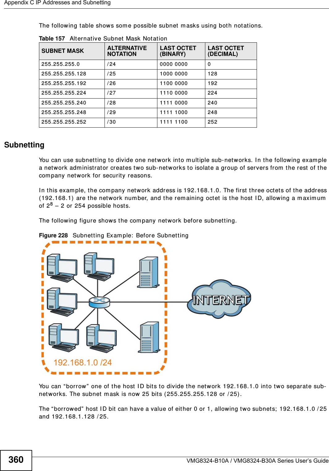 Appendix C IP Addresses and SubnettingVMG8324-B10A / VMG8324-B30A Series User’s Guide360The following t able shows some possible subnet m asks using both notat ions. SubnettingYou can use subnett ing to divide one net work int o mult iple sub-networks. I n t he following exam ple a net work adm inistrat or creates t wo sub- net works to isolate a group of servers from  t he rest  of t he com pany net work for securit y reasons.I n t his exam ple, t he com pany net work address is 192.168.1.0. The first  t hree oct ets of t he address ( 192.168.1)  ar e the net work num ber, and the rem aining oct et is the host I D, allowing a m axim um  of 28 – 2 or 254 possible host s.The following figure shows the com pany network before subnet ting.  Figure 228   Subnet ting Exam ple:  Before Subnett ingYou can “ borrow”  one of t he host  I D bit s to divide the net work 192.168.1.0 into tw o separate sub-net works. The subnet  m ask is now 25 bit s (255.255.255.128 or / 25).The “ borrowed”  host I D bit can have a value of eit her 0 or 1, allow ing two subnets;  192.168.1.0 / 25 and 192.168.1.128 / 25. Table 157   Alternative Subnet Mask Not ationSUBNET MASK ALTERNATIVE NOTATIONLAST OCTET (BINARY)LAST OCTET (DECIMAL)255.255.255.0 / 24 0000 0000 0255.255.255.128 / 25 1000 0000 128255.255.255.192 / 26 1100 0000 192255.255.255.224 / 27 1110 0000 224255.255.255.240 / 28 1111 0000 240255.255.255.248 / 29 1111 1000 248255.255.255.252 / 30 1111 1100 252