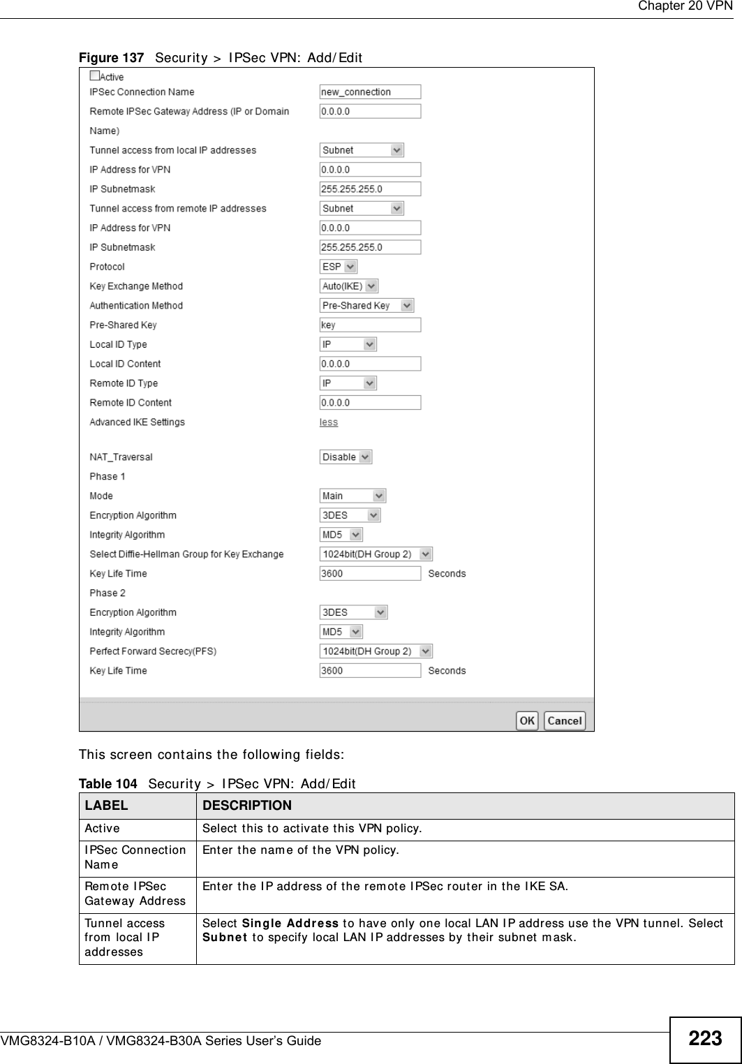  Chapter 20 VPNVMG8324-B10A / VMG8324-B30A Series User’s Guide 223Figure 137   Securit y &gt;  I PSec VPN:  Add/ Edit  This screen cont ains t he following fields:  Table 104   Security &gt;  I PSec VPN:  Add/ EditLABEL DESCRIPTIONActive Select t his t o act ivate t his VPN policy.I PSec Connection Nam eEnter the nam e of the VPN policy.Rem ot e I PSec Gateway AddressEnter the I P address of t he rem ot e I PSec rout er in t he I KE SA.Tunnel access fr om  local I P addressesSelect  Single Address to have only  one local LAN I P address use t he VPN t unnel. Select Su bn e t  t o specify local LAN I P addresses by their subnet  m ask.