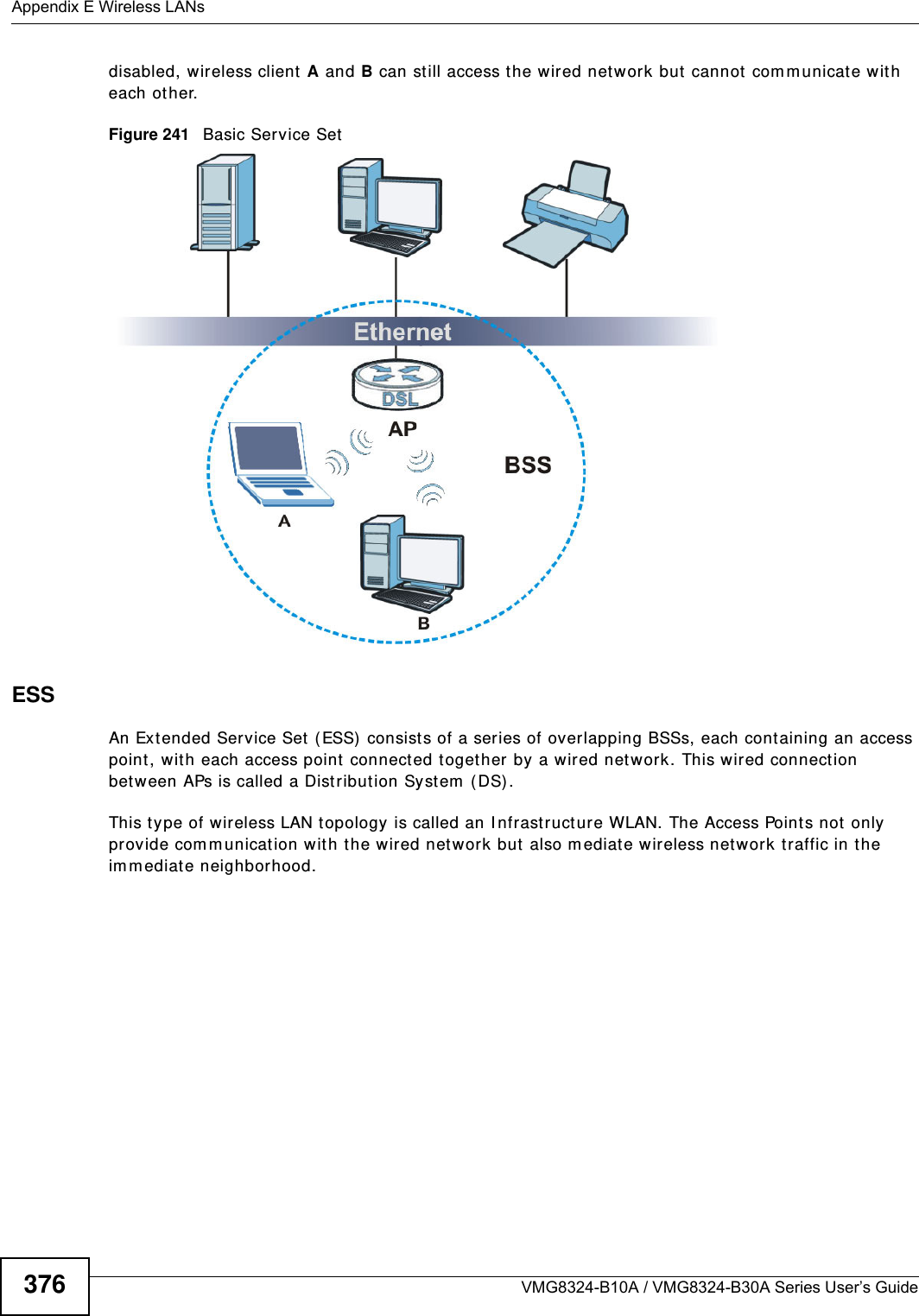 Appendix E Wireless LANsVMG8324-B10A / VMG8324-B30A Series User’s Guide376disabled, wireless client  A and B can st ill access t he wired network but cannot com m unicat e wit h each other.Figure 241   Basic Service SetESSAn Extended Service Set (ESS)  consists of a series of overlapping BSSs, each cont aining an access point , with each access point connected toget her by a wired network. This wired connection bet ween APs is called a Distribution System  (DS).This type of wireless LAN t opology is called an I nfrastructure WLAN. The Access Point s not  only provide com m unication with the wired network but  also m ediate wireless network t raffic in the im m ediat e neighborhood. 