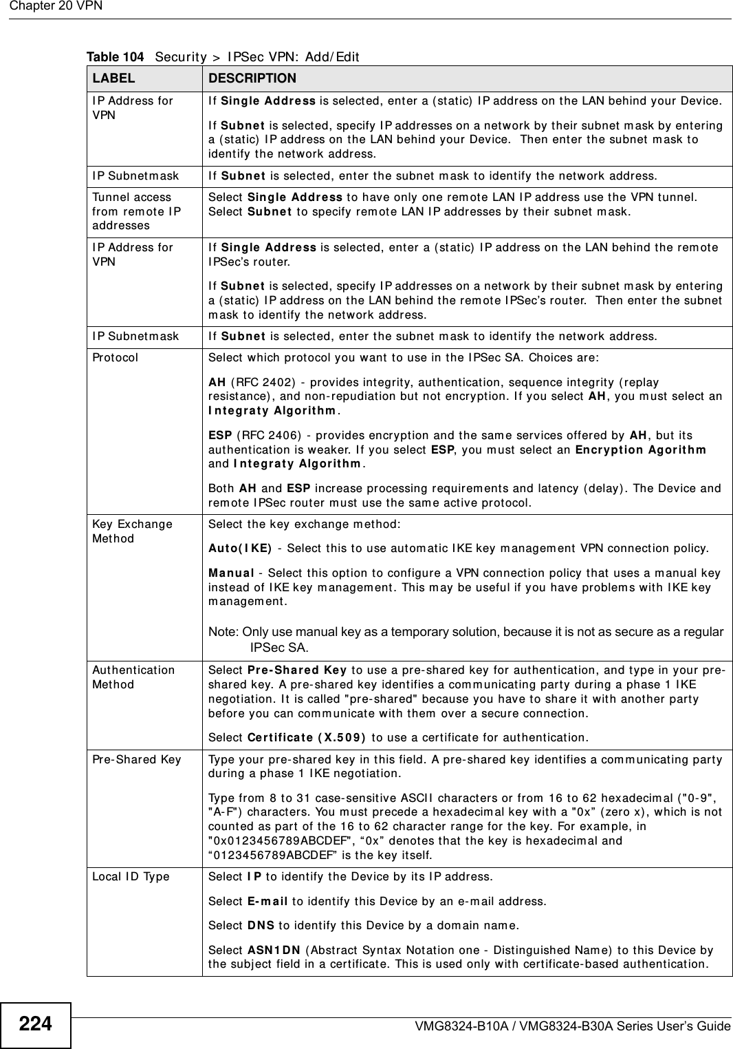 Chapter 20 VPNVMG8324-B10A / VMG8324-B30A Series User’s Guide224I P Address for VPNI f Single Address is select ed, ent er a ( st at ic)  I P address on the LAN behind your Device. I f Subnet  is select ed, specify I P addresses on a network by t heir subnet m ask by entering a ( static) I P address on t he LAN behind your Device.  Then ent er t he subnet  m ask t o identify  the net work address.I P Subnet m ask I f Su bnet is select ed, enter t he subnet m ask to ident ify t he net wor k address.Tunnel access from  rem ot e I P addressesSelect  Single Address to have only one rem ote LAN I P address use t he VPN tunnel. Select  Sub net  to specify rem ot e LAN I P addresses by t heir subnet  m ask.I P Address for VPNI f Single Addr e ss is select ed, enter a (st at ic) I P address on t he LAN behind t he rem ote I PSec’s rout er. I f Subnet  is select ed, specify I P addresses on a network by t heir subnet m ask by entering a ( st at ic) I P address on the LAN behind t he rem ote I PSec’s router.  Then ent er  the subnet  m ask to identify t he network address.I P Subnet m ask I f Su bnet is select ed, enter t he subnet m ask to ident ify t he net wor k address.Prot ocol Select  which protocol you want  t o use in the I PSec SA. Choices are:AH  ( RFC 2402)  - provides integrity, aut hent icat ion, sequence integrit y (replay resistance), and non- r epudiat ion but  not  encryption. I f you select AH , you m ust select  an I n t egr a t y Algor it h m .ESP (RFC 2406) -  provides encryption and the sam e serv ices offered by AH , but its aut hent icat ion is weaker. I f you select  ESP, y ou m ust  select  an Encryption  Agorithm  and I ntegraty Algorit hm .Bot h AH  and ESP increase processing requirem ents and lat ency ( delay). The Device and rem ote I PSec rout er m ust use the sam e active protocol.Key  Exchan g e MethodSelect  t he key exchange m ethod:Au t o( I KE)  - Select  this t o use autom atic I KE key m anagem ent VPN connect ion policy.Ma nual - Select  this option t o configure a VPN connection policy t hat uses a m anual key instead of I KE k ey m anagem ent . This m ay be useful if you have pr oblem s wit h I KE key m anagem ent. Note: Only use manual key as a temporary solution, because it is not as secure as a regular IPSec SA.Authentication MethodSelect  Pre- Shared Key to use a pre-shared key for aut henticat ion, and t ype in your pre-shar ed key. A pre- shared key identifies a com m unicating part y during a phase 1 I KE negotiation. I t  is called &quot; pre- shar ed&quot; because you have to share it wit h another part y befor e you can com m unicat e wit h t hem  over a secure connection. Select  Cert ifica te ( X .5 0 9 )  t o use a cert ificat e for authenticat ion.Pre-Shared Key Type your pre-shar ed key in this field. A pr e- shared key identifies a com m unicat ing par t y during a phase 1 I KE negotiation. Type from  8 t o 31 case- sensit ive ASCII  characters or from  16 t o 62 hexadecim al ( &quot;0- 9&quot;, &quot;A-F&quot;)  characters. You m ust precede a hexadecim al key wit h a &quot;0x”  (zero x) , which is not  count ed as part of the 16 t o 62 character range for the key. For exam ple, in &quot;0x0123456789ABCDEF&quot;, “0x”  denotes t hat t he key is hexadecim al and “ 0123456789ABCDEF”  is t he key it self.Local I D Type Select  I P t o ident ify the Device by it s I P address. Select  E- m a il to ident ify t his Device by an e- m ail address.Select  DNS t o ident ify t his Device by a dom ain nam e.Select  ASN 1 D N  (Abstract Synt ax Notation one -  Dist inguished Nam e)  to t his Dev ice by the subject field in a cert ificat e. This is used only with certificate-based authent ication.Table 104   Security &gt;  I PSec VPN:  Add/ EditLABEL DESCRIPTION