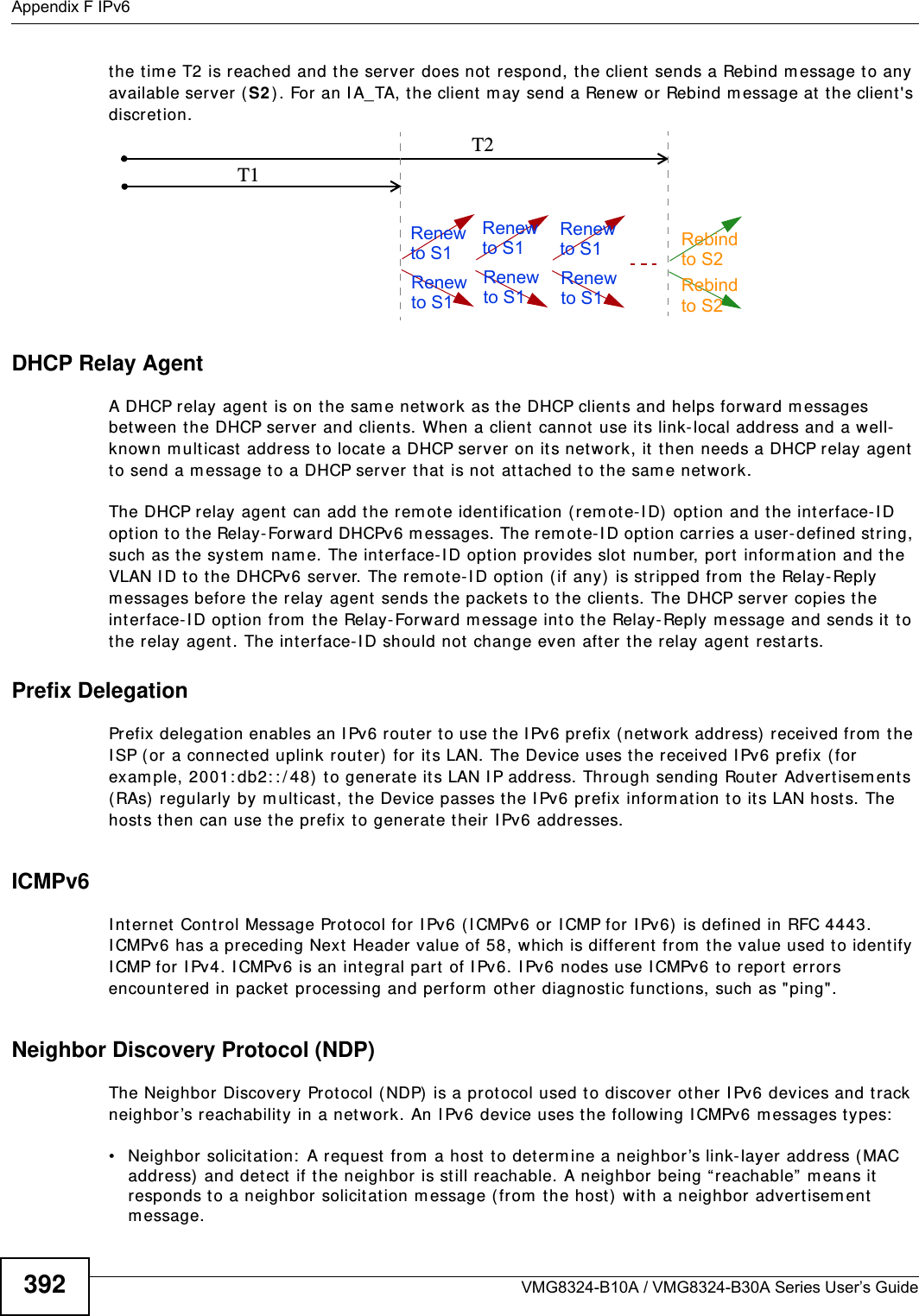 Appendix F IPv6VMG8324-B10A / VMG8324-B30A Series User’s Guide392the tim e T2 is reached and the server does not respond, t he client  sends a Rebind m essage to any available server (S2 ) .  For  an I A_TA,  t h e client  m ay send a Renew or  Rebind m essage at  t he client &apos;s discret ion. DHCP Relay AgentA DHCP relay agent is on t he sam e net work as t he DHCP clients and helps forward m essages bet ween the DHCP server and client s. When a client  cannot  use its link- local address and a well-known m ult icast address t o locat e a DHCP server on its netw ork, it  t hen needs a DHCP relay agent  to send a message t o a DHCP server t hat is not  at t ached to the sam e network.The DHCP relay agent can add the rem ot e ident ification ( rem ot e-I D)  option and t he interface-I D option t o the Relay-Forward DHCPv6 m essages. The rem ot e-I D opt ion carries a user- defined string, such as the system  nam e. The interface-I D opt ion provides slot  num ber, port inform at ion and the VLAN I D to the DHCPv6 server. The r em ot e-I D opt ion ( if any)  is st ripped from t he Relay-Reply m essages before the relay agent sends the packets t o the clients. The DHCP server  copies t he interface-I D option from  the Relay-Forward m essage int o the Relay- Reply m essage and sends it to the relay agent . The interface- I D should not  change even after the relay agent rest ar t s.Prefix DelegationPrefix delegat ion enables an I Pv6 rout er to use t he I Pv6 prefix ( net work addr ess)  received from  t he I SP ( or a connected uplink router)  for it s LAN. The Device uses the received I Pv6 prefix (for exam ple, 2001: db2: : / 48) t o generate it s LAN I P address. Through sending Router Advertisem ent s ( RAs) regularly by m ult icast, the Device passes the I Pv6 prefix inform ation to it s LAN host s. The host s t hen can use the prefix to generate their I Pv6 addresses.ICMPv6I nternet  Control Message Protocol for I Pv6 (I CMPv6 or I CMP for I Pv6) is defined in RFC 4443. I CMPv6 has a preceding Next  Header  value of 58, which is different from  t he value used to ident ify I CMP for I Pv4. I CMPv6 is an integral part  of I Pv6. I Pv6 nodes use I CMPv6 t o report  errors encount ered in packet processing and perform  ot her diagnost ic funct ions, such as &quot; ping&quot;.Neighbor Discovery Protocol (NDP)The Neighbor  Discovery Protocol (NDP) is a prot ocol used to discover other I Pv6 devices and track neighbor ’s reachability in a net w ork. An I Pv6 device uses the following I CMPv6 m essages types:  • Neighbor solicit at ion:  A request from  a host to det erm ine a neighbor’s link- layer address ( MAC address) and detect  if the neighbor is st ill reachable. A neighbor being “reachable”  m eans it responds to a neighbor solicitat ion m essage ( from the host)  with a neighbor advert isem ent  m essage. T1T2Renew RebindRebindto S1Renewto S1Renewto S1Renewto S1Renewto S1Renewto S1to S2to S2