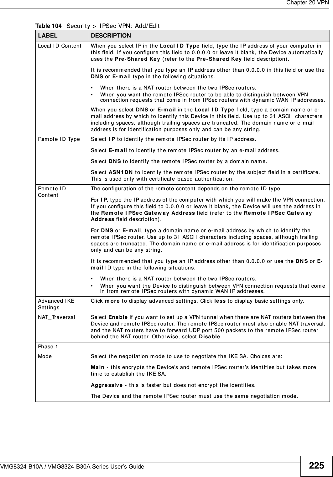  Chapter 20 VPNVMG8324-B10A / VMG8324-B30A Series User’s Guide 225Local I D Content When you select  I P in the Local I D Type field, type t he I P address of your com put er in this field. I f you configure t his field to 0.0.0.0 or leave it  blank, t he Device aut om atically uses the Pre- Sha re d Key ( r efer  to t he Pr e- Shared Key field descript ion). I t is recom m ended t hat  you t ype an I P address ot her than 0.0.0.0 in t his field or  use the D N S or E- m ail type in the following sit uations.• When t here is a NAT router bet ween the two I PSec routers. • When you want t he rem ote I PSec rout er t o be able t o dist inguish bet ween VPN connect ion request s t hat com e in from  I PSec rout ers wit h dynam ic WAN I P addresses. When you select D N S or E- m a il in the Loca l I D Type field, type a dom ain nam e or e-m ail address by w hich t o ident ify this Device in t his field. Use up to 31 ASCI I  charact ers including spaces, alt hough trailing spaces are t runcat ed. The dom ain nam e or e- m ail addr ess is for ident ificat ion purposes only and can be any  st ring.Rem ot e I D Ty pe Select  I P t o ident ify t he rem ot e I PSec rout er by its I P address.Select  E- m a il to ident ify t he rem ote I PSec router by an e-m ail address.Select  DNS t o identify the rem ot e I PSec rout er by a dom ain nam e.Select  ASN 1 D N  to ident ify t he rem ote I PSec router by t he subject  field in a certificat e. This is used only with certificat e- based authenticat ion.Rem ot e I D ContentThe configurat ion of the rem ote content depends on t he rem ot e ID type.For I P,  type t he I P address of t he com put er wit h which you will m ak e t he VPN connect ion. I f you configure this field to 0.0.0.0 or leave it  blank , t he Device will use the address in the Rem ote I PSec Gatew ay Addr e ss field (refer to t he Re m ote I PSec Ga t ew a y Addr e ss field descript ion).For D N S or E- m a il, t ype a dom ain nam e or e-m ail address by which to identify t he rem ote I PSec router. Use up to 31 ASCI I  charact ers including spaces, although t railing spaces are t runcated. The dom ain nam e or  e- m ail address is for ident ificat ion purposes only and can be any string.I t is recom m ended that  you t ype an I P address ot her t han 0.0.0.0 or use t he D N S or E-m ail I D type in t he following situat ions:• When t here is a NAT router bet ween the two I PSec routers. • When you want  the Device t o distinguish bet ween VPN connect ion request s t hat  com e in from  rem ot e I PSec rout ers wit h dynam ic WAN I P addresses.Advanced I KE SettingsClick m ore to display advanced set t ings. Click  less to display basic set t ings only.NAT_Traversal Select  Ena ble if you want t o set up a VPN t unnel when t here ar e NAT routers bet w een the Device and r em ote I PSec rout er. The rem ote I PSec router m ust also enable NAT t raver sal, and the NAT rout ers have t o forwar d UDP por t  500 packet s t o the rem ote I PSec rout er behind the NAT rout er. Ot herwise, select D isa ble .Phase 1Mode Select  the negot iat ion m ode to use to negotiate the I KE SA. Choices ar e:Ma in  - this encrypts the Device’s and rem ot e I PSec rout er’s identities but t akes m ore tim e t o est ablish t he I KE SA.Aggr e ssive - t his is faster but does not  encry pt t he identit ies.The Device and the rem ote I PSec router m ust use t he sam e negotiation m ode.Table 104   Security &gt;  I PSec VPN:  Add/ EditLABEL DESCRIPTION