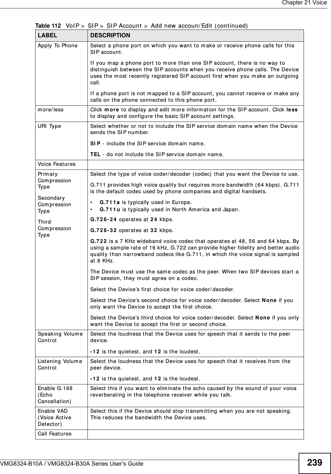  Chapter 21 VoiceVMG8324-B10A / VMG8324-B30A Series User’s Guide 239Apply To Phone Select  a phone port on which you want  to m ake or receive phone calls for  this SI P account.I f you m ap a phone port t o m ore than one SI P account , there is no way t o dist inguish bet w een the SI P account s when you receive phone calls. The Device uses t he m ost  recent ly registered SI P account first  when you m ake an outgoing call.I f a phone port  is not m apped to a SI P account , you cannot  receive or m ake any calls on t he phone connected to t his phone port.m or e/ less Click m or e to display and edit  m ore inform at ion for t he SI P account. Click le ss to display  and configure the basic SI P account  set tings.URI  Type Select  whether or  not  to include the SI P service dom ain nam e when the Dev ice sends the SI P num ber.SI P - include t he SI P service dom ain nam e.TEL - do not  include the SI P service dom ain nam e.Voice Featur esPrim ary Com pression Ty p eSecondary Com pression Ty p eThird Com pression Ty p eSelect  t he t ype of voice coder/ decoder ( codec)  that  you want  t he Device to use. G.711 provides high voice qualit y but  requires m ore bandwidth (64 kbps) . G.711 is the default  codec used by phone com panies and digit al handset s.•G.7 1 1 a  is t ypically used in Europe.•G.7 1 1 u  is typically used in Nort h America and Japan.G.7 2 6 - 2 4  operates at  2 4  kbps.G.7 2 6 - 3 2  operates at  3 2  kbps.G.7 2 2  is a 7 KHz wideband voice codec t hat operat es at 48, 56 and 64 kbps. By usi n g  a sam p le r at e of  16  k Hz,  G. 7 22  can provide higher fidelit y and better audio quality than narrow band codecs like G.711, in which the voice signal is sam pled at 8 KHz.The Device m ust  use the sam e codec as t he peer. When two SI P devices st art  a SI P session, they m ust agree on a codec.Select  the Device’s first choice for voice coder/ decoder.Select  the Device’s second choice for voice coder/ decoder. Select N one if you only want t he Device t o accept t he first  choice.Select  t he Device’s t hird choice for voice coder/ decoder. Select N o ne  if you only want t he Device t o accept t he first or  second choice.Speaking Volum e Control Select  t he loudness that  the Device uses for speech t hat  it sends t o t he peer device. - 1 2  is t he quietest , and 1 2  is the loudest .List ening Volum e Control Select  t he loudness that  the Device uses for speech t hat it  receives from  the peer device.- 1 2  is t he quietest , and 1 2  is the loudest .Enable G.168 ( Echo Cancellat ion) Select  t his if you want t o elim inat e the echo caused by t he sound of your  voice reverberating in t he telephone receiver  while you t alk.Enable VAD ( Voice Active Detector)Select  t his if the Device should stop transm itt ing when you are not speaking. This reduces the bandwidth the Dev ice uses.Call Feat ures Table 112   VoI P &gt;  SI P &gt;  SI P Account &gt;  Add new accoun/ Edit  ( continued)LABEL DESCRIPTION