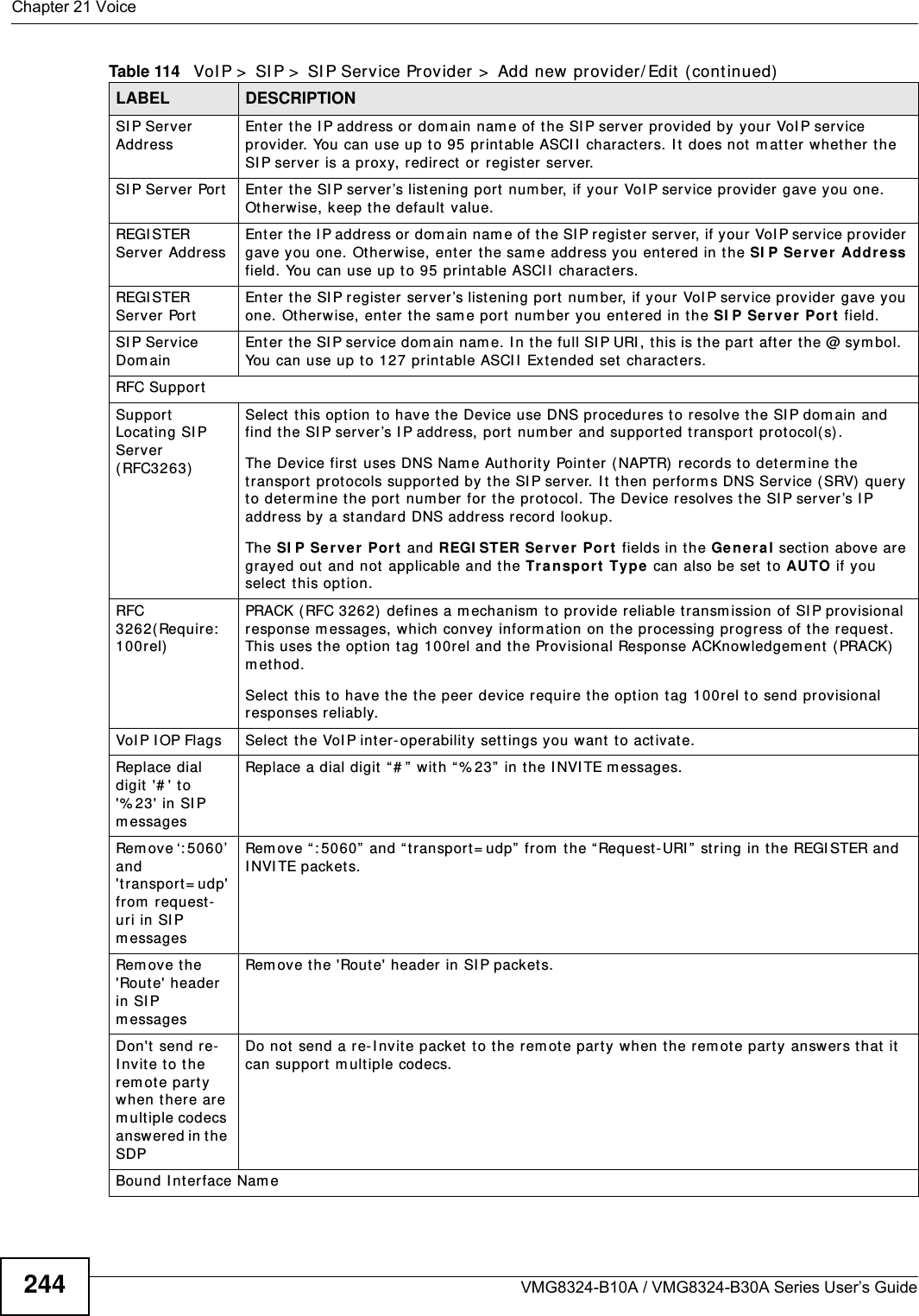 Chapter 21 VoiceVMG8324-B10A / VMG8324-B30A Series User’s Guide244SI P Server AddressEnter the I P address or dom ain nam e of t he SI P server provided by your VoI P service provider. You can use up t o 95 printable ASCII  characters. I t does not  m at t er whet her the SI P server  is a proxy, redirect  or regist er server.SI P Server Port Enter the SI P server’s listening port  num ber, if your  VoI P service pr ovider gave you one. Ot herwise, keep t he default  value.REGI STER Server  AddressEnter the I P address or dom ain nam e of t he SI P register server, if y our VoI P ser vice provider gave you one. Ot herwise, ent er t he sam e address you ent ered in the SI P Se r v e r  Addr e ss field. You can use up to 95 print able ASCI I  characters.REGI STER Server PortEnter the SI P register server ’s listening port num ber, if your VoI P service provider gave you one. Otherwise, enter t he sam e port  num ber you ent ered in t he SI P Server Port field.SI P Service Dom ainEnter the SI P service dom ain nam e. I n the full SI P URI , t his is the part aft er  the @ sym bol.  You can use up to 127 print able ASCI I  Extended set  characters.RFC SupportSupport  Locating SI P Server ( RFC32 63)Select  t his opt ion t o have t he Device use DNS procedures t o resolve t he SI P dom ain and find t he SI P server’s I P address, por t  num ber and supported t ransport prot ocol(s) .The Device first  uses DNS Nam e Authorit y Pointer  (NAPTR) records t o determ ine t he transport  prot ocols suppor t ed by t he SI P server. It  then perfor m s DNS Service ( SRV) query to determ ine t he port  num ber for t he prot ocol. The Device resolves t he SI P server ’s I P addr ess by a st andard DNS address record lookup.The SI P Se r ve r  Port and REGI STER Se r ver Por t  fields in t he General sect ion above are grayed out and not  applicable and t he Tr a n spor t  Type can also be set  to AUTO if you select this opt ion.RFC 3262( Require:  100rel)PRACK ( RFC 3262)  defines a m echanism  t o provide reliable transm ission of SI P pr ovisional response m essages, which convey  infor m ation on the processing progress of t he request . This uses the option tag 100rel and the Provisional Response ACKnowledgem ent ( PRACK) m et hod.Select  this t o have the t he peer device requir e t he opt ion t ag 100rel t o send provisional responses reliably.VoI P I OP Flags  Select t he VoI P int er- operabilit y set t ings you want  to activate.Replace dial digit  &apos;# &apos; to &apos;% 23&apos; in SI P m essages Replace a dial digit  “# ”  wit h “% 23”  in the I NVI TE m essages.Rem ove ‘: 5060’ and &apos;t ransport= udp&apos; from  request-ur i in SI P m essages Rem ove “: 5060”  and “ transport= udp”  from  t he “ Request-URI ”  st r ing in t he REGI STER and I NVI TE packet s.Rem ove t he &apos;Rout e&apos; header in SI P m essages Rem ove the &apos;Route&apos; header in SI P packets. Don&apos;t  send re-I nvit e to t he rem ot e part y when t here are m ult iple codecs answ ered in t he SDPDo not  send a re-I nvit e packet  to t he rem ot e part y when the r em ote party answers t hat it  can support m ult iple codecs.Bound I nterface Nam eTable 114   VoI P &gt;  SI P &gt;  SI P Service Provider &gt;  Add new provider/ Edit  ( continued)LABEL DESCRIPTION