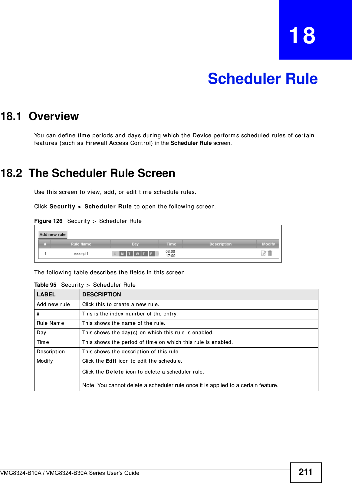 VMG8324-B10A / VMG8324-B30A Series User’s Guide 211CHAPTER   18Scheduler Rule18.1  OverviewYou can define t im e periods and days during which the Device perform s scheduled rules of cert ain feat ures ( such as Firewall Access Control)  in the Scheduler Rule screen. 18.2  The Scheduler Rule ScreenUse t his screen t o view, add, or edit tim e schedule rules.Click Security &gt;  Schedule r Rule to open the following screen. Figure 126   Securit y &gt;  Scheduler Rule The following t able describes the fields in this screen. Table 95   Secur ity &gt;  Scheduler RuleLABEL DESCRIPTIONAdd new rule Click this t o cr eate a new rule.#This is t he index num ber of the ent r y.Rule Nam e This shows the nam e of the rule.Day This shows the day(s)  on which this rule is enabled.Tim e This shows the period of tim e on which this r ule is enabled.Descript ion This shows the description of t his rule.Modify Click the Edit  icon to edit  the schedule.Click t he Delete icon to delet e a scheduler  rule.Note: You cannot delete a scheduler rule once it is applied to a certain feature.