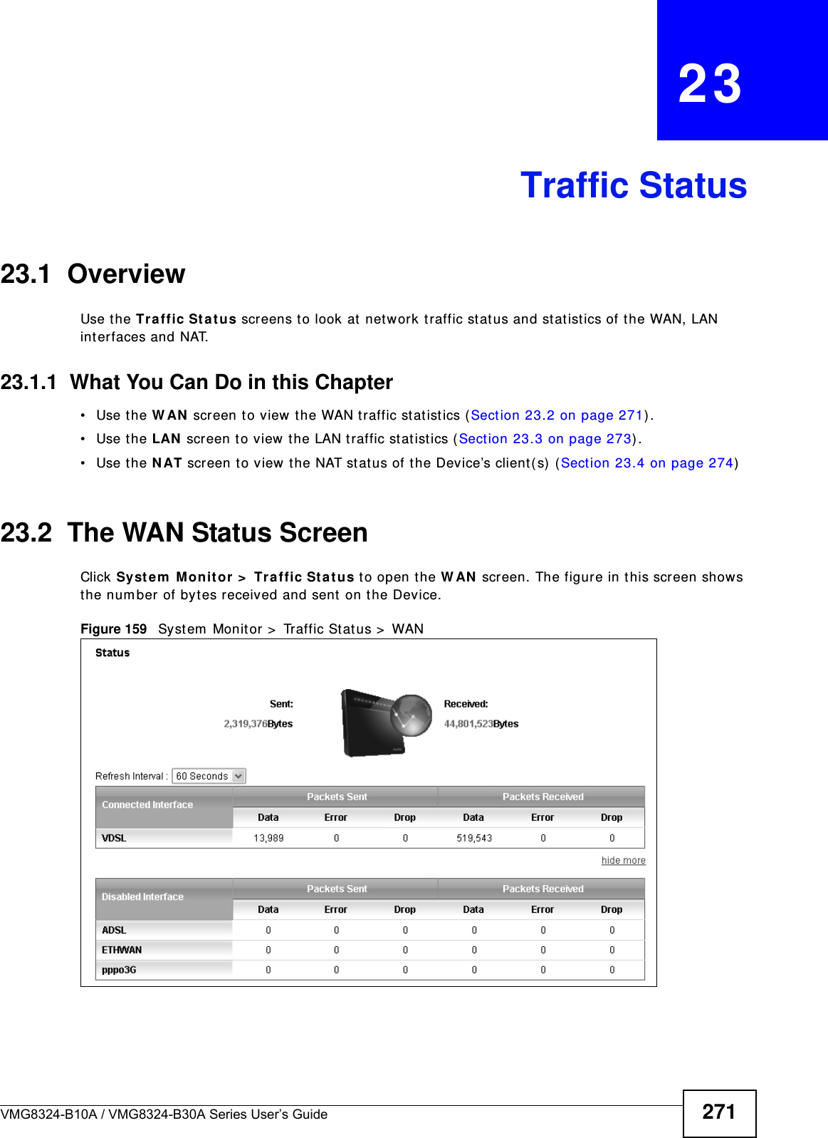 VMG8324-B10A / VMG8324-B30A Series User’s Guide 271CHAPTER   23Traffic Status23.1  OverviewUse t he Traffic St a tus screens to look at net work t raffic st atus and stat ist ics of the WAN, LAN interfaces and NAT. 23.1.1  What You Can Do in this Chapter• Use the W AN  screen t o view t he WAN traffic stat ist ics ( Sect ion 23.2 on page 271) .• Use the LAN screen to view t he LAN traffic stat ist ics (Section 23.3 on page 273) .• Use the N AT scr een to view t he NAT stat us of the Device’s client (s)  (Sect ion 23.4 on page 274)23.2  The WAN Status Screen Click Syste m  Monit or &gt;  Tra ffic St at us t o open the W AN  screen. The figure in t his screen shows the num ber of byt es received and sent on the Device.Figure 159   Syst em  Monit or &gt;  Traffic St atus &gt;  WAN