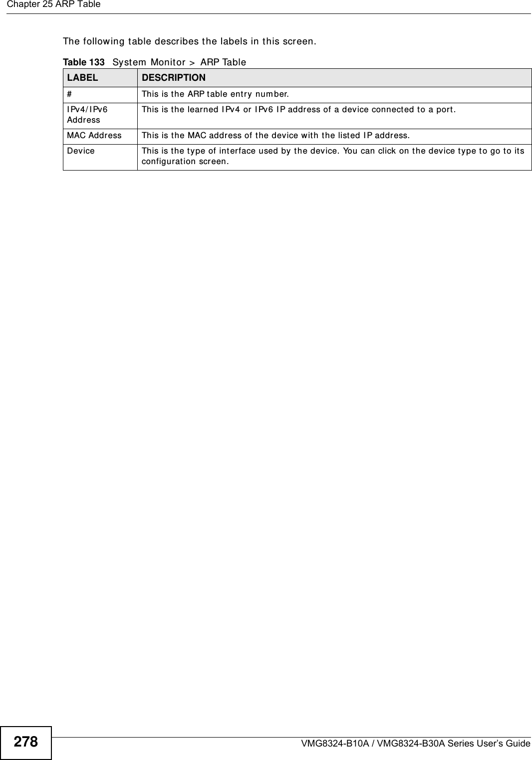Chapter 25 ARP TableVMG8324-B10A / VMG8324-B30A Series User’s Guide278The following t able describes the labels in t his screen.Table 133   System  Monitor &gt;  ARP TableLABEL DESCRIPTION# This is the ARP table entry num ber.I Pv4/ I Pv6 AddressThis is the learned I Pv4 or I Pv 6 I P address of a device connect ed to a port.MAC Addr ess This is the MAC address of t he device with the listed I P address.Device This is t he t ype of interface used by t he device. You can click on the device t y pe to go t o its configuration screen.