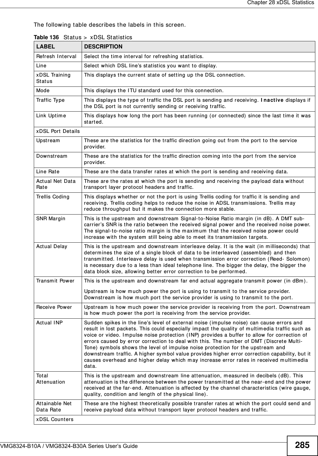  Chapter 28 xDSL StatisticsVMG8324-B10A / VMG8324-B30A Series User’s Guide 285The following t able describes the labels in t his screen.  Table 136   Stat us &gt;  xDSL St atisticsLABEL DESCRIPTIONRefresh I nt erval Select  the tim e int erval for  refreshing statistics.Line  Select  which DSL line’s statist ics you want t o display.xDSL Training St atusThis displays the current  st at e of sett ing up the DSL connect ion.Mode This displays the I TU st andard used for t his connect ion.Traffic Type This displays t he t ype of t raffic t he DSL port is sending and receiving. I na ct ive displays if the DSL port  is not  curr ently sending or receiving traffic.Link Upt im e This displays how long the port has been running (or connect ed)  since the last  tim e it  was st art ed.xDSL Port  Det ailsUpst ream These are the st atist ics for t he traffic direct ion going out  fr om  t he port  to t he service provider.Downstream          These  are  the  st at istics  for  the  traffic direct ion com ing into t he port  from  t he service provider. Line Rate These are t he data t ransfer rates at  which the port  is sending and receiving dat a.Actual Net Dat a Rat eThese are t he rat es at  which the port is sending and receiving the payload dat a wit hout transpor t  layer protocol headers and traffic.Trellis Coding This displays whether or  not  the port is using Trellis coding for traffic it  is sending and receiv ing. Tr ellis coding helps t o reduce t he noise in ADSL transm issions. Tr ellis may reduce thr oughput  but it  m akes t he connect ion m ore stable.SNR Margin This is the upstream  and downstream  Signal- to-Noise Rat io m argin ( in dB) . A DMT sub-carrier’s SNR is the rat io bet w een the received signal power and the received noise pow er. The signal- t o- noise ratio m argin is t he m axim um  that t he received noise power could increase wit h the system  st ill being able t o m eet it s t ransm ission targets.Actual Delay This is t he upstream  and downst ream  interleave delay. I t  is t he wait ( in m illiseconds) that  det erm ines the size of a single block of dat a to be interleaved ( assem bled)  and then t ransm it ted. I nt erleave delay is used when t ransm ission error correct ion ( Reed-  Solom on)  is necessary due to a less than ideal t elephone line. The bigger t he delay, t he bigger t he dat a block size, allowing bet t er error  correction to be perform ed. Transm it Power This is t he upstream  and downstream  far end actual aggregat e transm it pow er ( in dBm ).Upstream  is how m uch power t he port is using t o t ransm it t o the service provider. Downstream  is how m uch port  the serv ice provider is using t o transm it t o the port.Receive Power Upstream  is how m uch power the service provider is receiving from  the port. Downst ream  is how m uch power the port is receiv ing from the ser vice provider.Actual I NP Sudden spikes in the line’s level of ext ernal noise ( im pulse noise) can cause errors and result in lost  packets. This could especially im pact  the qualit y of m ult im edia traffic such as voice or  video. Im pulse noise protect ion (I NP)  provides a buffer t o allow  for correct ion of errors caused by err or correction to deal w it h this. The num ber of DMT (Discret e Multi-Tone)  sym bols show s t he level of im pulse noise pr ot ect ion for the upstream  and downstream  traffic. A higher  sym bol value provides higher error  correction capability, but it  causes overhead and higher delay which m ay increase error rat es in received m ultim edia dat a.To t a l  At t enuat ionThis is t he upstream  and downstream  line at tenuation, m easured in decibels (dB). This att enuat ion is t he difference bet ween t he power t ransm it t ed at the near- end and t he pow er received at the far-end. Att enuat ion is affect ed by t he channel charact eristics ( w ir e gauge, qualit y, condition and length of the physical line) .At t ainable Net  Data Rat eThese are t he highest t heoret ically possible t ransfer rates at which t he por t  could send and receive payload dat a without t ransport layer  protocol headers and traffic.xDSL Counters