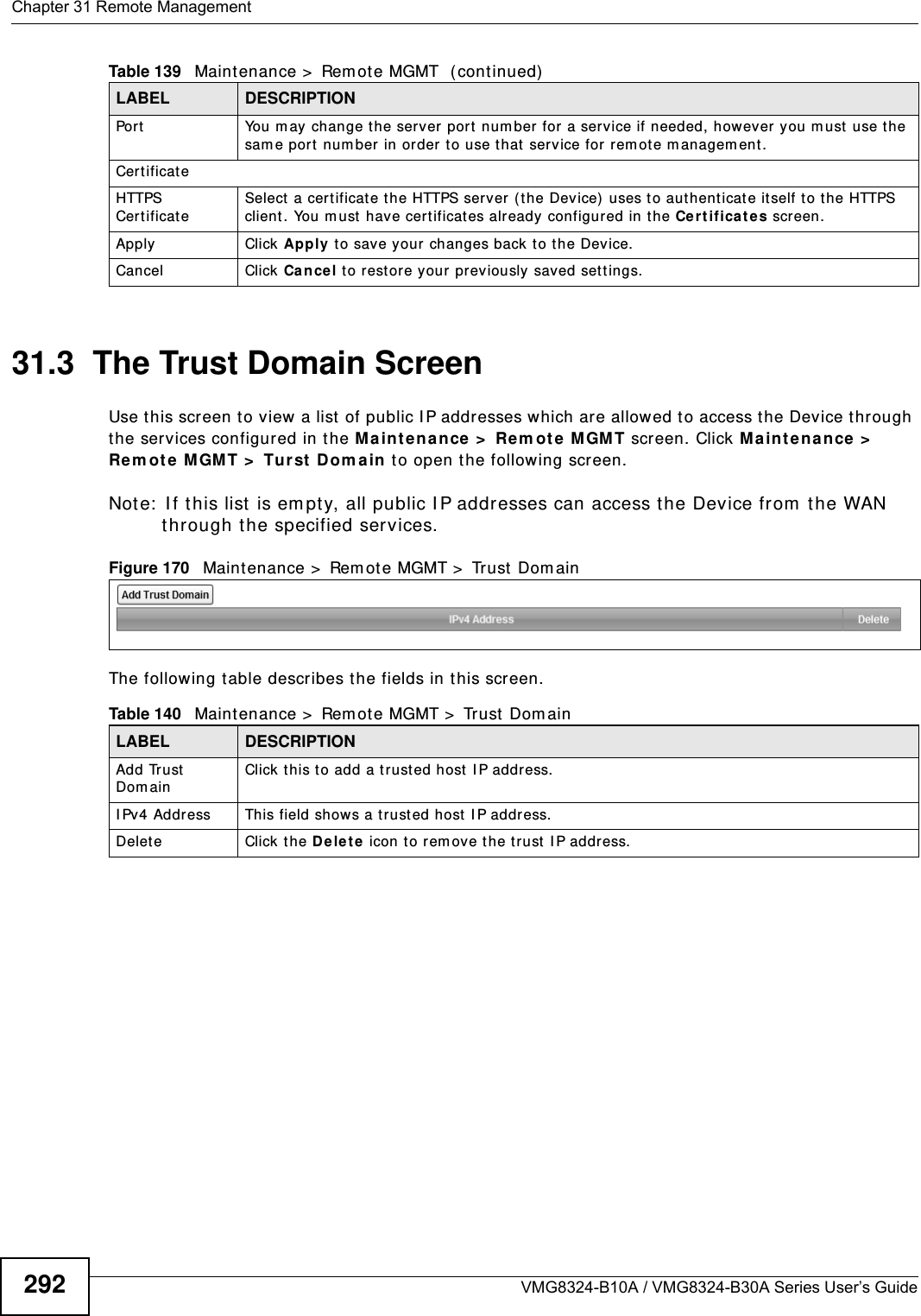 Chapter 31 Remote ManagementVMG8324-B10A / VMG8324-B30A Series User’s Guide29231.3  The Trust Domain ScreenUse t his screen t o view a list of public I P addresses which are allowed to access t he Device through the services configured in the M ainten ance &gt;  Re m ot e  M GM T screen. Click Ma int ena nce &gt;  Re m ote  MGM T &gt;  Turst  Dom ain  to open the following screen. Note:  I f this list is em pt y, all public I P addresses can access the Device from  the WAN through the specified services.Figure 170   Maintenance &gt;  Rem ot e MGMT &gt;  Trust  Dom ain The following t able describes the fields in this screen. Port You m ay change t he server port num ber for a service if needed, however you m ust use the sam e port  num ber in order t o use that  service for rem ot e managem ent.Certificat eHTTPS Certificat eSelect a certificat e the HTTPS server ( t he Device) uses to aut henticat e it self t o the HTTPS client. You m ust  have cert ificat es already configured in t he Ce r t if ica t e s screen.Apply Click Apply to save your changes back t o t he Device.Cancel Click Ca n cel t o restore your previously saved settings.Table 139   Maint enance &gt;  Rem ote MGMT  ( cont inued)LABEL DESCRIPTIONTable 140   Maint enance &gt;  Rem ote MGMT &gt;  Tr ust Dom ain LABEL DESCRIPTIONAdd Tr ust  Dom ainClick this t o add a trusted host  I P address.I Pv4 Address This field shows a trust ed host IP address.Delete Click t he De le t e  icon t o rem ove the t rust  I P address.
