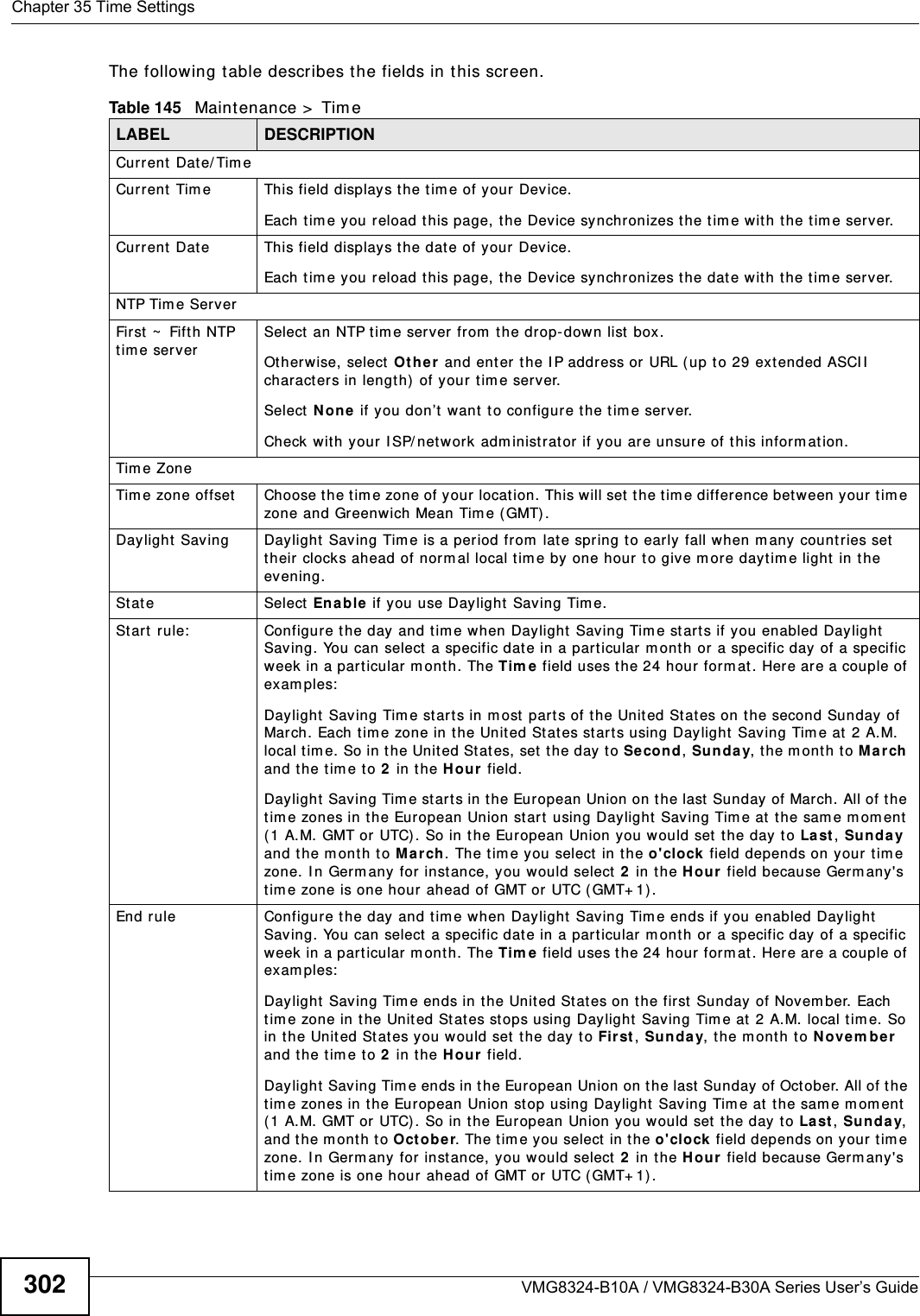 Chapter 35 Time SettingsVMG8324-B10A / VMG8324-B30A Series User’s Guide302The following t able describes the fields in this screen. Table 145   Maint enance &gt;  Tim eLABEL DESCRIPTIONCurrent Dat e/ Tim eCurrent Tim e  This field displays t he t im e of your Device.Each tim e you reload t his page, the Device synchronizes the tim e with t he t im e server.Current Dat e This field displays t he dat e of your Device. Each t im e you reload this page, the Device synchronizes t he dat e wit h t he tim e server.NTP Tim e ServerFirst  ~  Fift h NTP tim e server Select  an NTP t im e server from  the drop- dow n list box. Ot herw ise, select  Ot he r  and enter t he I P address or URL ( up to 29 extended ASCI I  charact ers in lengt h)  of your tim e server. Select  N on e  if you don’t  want  to configure t he tim e server.Check wit h your I SP/ net work adm inistrat or if you are unsure of t his inform ation.Tim e ZoneTim e zone offset Choose t he t im e zone of your location. This w ill set  the tim e difference bet w een your t im e zone and Greenwich Mean Tim e ( GMT) . Daylight Saving Daylight  Saving Tim e is a period fr om  lat e spring to early fall when m any  countries set their clocks ahead of norm al local t im e by one hour t o give m ore daytim e light  in the evening.St ate Select Enable if you use Daylight Saving Tim e.St art rule: Configure t he day and t im e when Daylight  Saving Tim e st arts if you enabled Daylight  Saving. You can select  a specific dat e in a particular  m onth or a specific day of a specific week in a particular m ont h. The Tim e field uses t he 24 hour form at. Here are a couple of exam ples:Daylight  Saving Tim e starts in m ost par t s of the Unit ed States on t he second Sunday of March. Each t im e zone in t he Unit ed St at es st ar t s using Daylight  Saving Tim e at  2 A.M. local t im e. So in t he United Stat es, set t he day t o Se cond, Sunda y, the m ont h t o M a rch and t he t ime to 2 in t he Hour  field.Daylight  Saving Tim e st arts in t he European Union on the last  Sunday of Mar ch. All of t he t im e zones in t he European Union st art using Daylight Saving Tim e at  t he sam e m om ent ( 1 A.M. GMT or UTC). So in t he European Union you w ould set  the day t o La st , Sunday and the mont h t o March. The tim e you select in t he o&apos;clock  field depends on your tim e zone. In Germ any for instance, you would select  2 in t he H our field because Germ any&apos;s tim e zone is one hour ahead of GMT or  UTC (GMT+ 1) . End rule Configure the day  and tim e when Daylight Saving Tim e ends if you enabled Daylight Saving. You can select  a specific dat e in a particular  m onth or a specific day of a specific week in a particular m onth. The Tim e  field uses t he 24 hour form at. Here are a couple of exam ples:Daylight  Saving Tim e ends in t he United St at es on the first  Sunday of Novem ber. Each t im e zone in the United Stat es st ops using Daylight Saving Tim e at 2 A.M. local tim e. So in the United Stat es you would set the day to First , Sunday, the mont h t o Novem ber and t he t ime to 2 in t he Hour  field. Day lig h t  Sav in g  Ti m e en d s in  t h e Eu r op ean  Un i on  on  t h e  last  Sun day  of Oct ob er.  Al l  of t he t im e zones in the Eur opean Union st op using Daylight  Saving Tim e at  t he sam e m om ent ( 1 A.M. GMT or UTC). So in t he European Union you would set the day t o La st , Sunday, and the mont h t o Oct ob e r. The tim e you select  in t he o&apos;clo ck  field depends on your  tim e zone. In Germ any for instance, you would select  2 in t he H our field because Germ any&apos;s tim e zone is one hour ahead of GMT or  UTC (GMT+ 1) . 