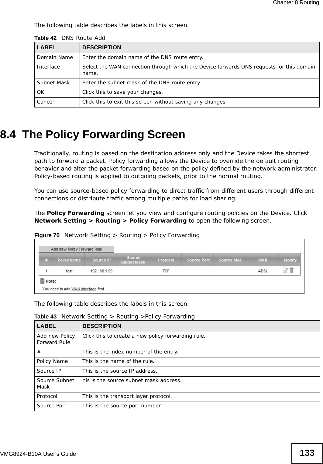  Chapter 8 RoutingVMG8924-B10A User’s Guide 133The following table describes the labels in this screen. 8.4  The Policy Forwarding ScreenTraditionally, routing is based on the destination address only and the Device takes the shortest path to forward a packet. Policy forwarding allows the Device to override the default routing behavior and alter the packet forwarding based on the policy defined by the network administrator. Policy-based routing is applied to outgoing packets, prior to the normal routing.You can use source-based policy forwarding to direct traffic from different users through different connections or distribute traffic among multiple paths for load sharing.The Policy Forwarding screen let you view and configure routing policies on the Device. Click Network Setting &gt; Routing &gt; Policy Forwarding to open the following screen.Figure 70   Network Setting &gt; Routing &gt; Policy ForwardingThe following table describes the labels in this screen. Table 42   DNS Route AddLABEL DESCRIPTIONDomain Name Enter the domain name of the DNS route entry.Interface Select the WAN connection through which the Device forwards DNS requests for this domain name.Subnet Mask Enter the subnet mask of the DNS route entry.OK Click this to save your changes.Cancel Click this to exit this screen without saving any changes.Table 43   Network Setting &gt; Routing &gt;Policy ForwardingLABEL DESCRIPTIONAdd new Policy Forward Rule Click this to create a new policy forwarding rule.#This is the index number of the entry.Policy Name This is the name of the rule.Source IP This is the source IP address.Source Subnet Mask his is the source subnet mask address.Protocol This is the transport layer protocol.Source Port This is the source port number.