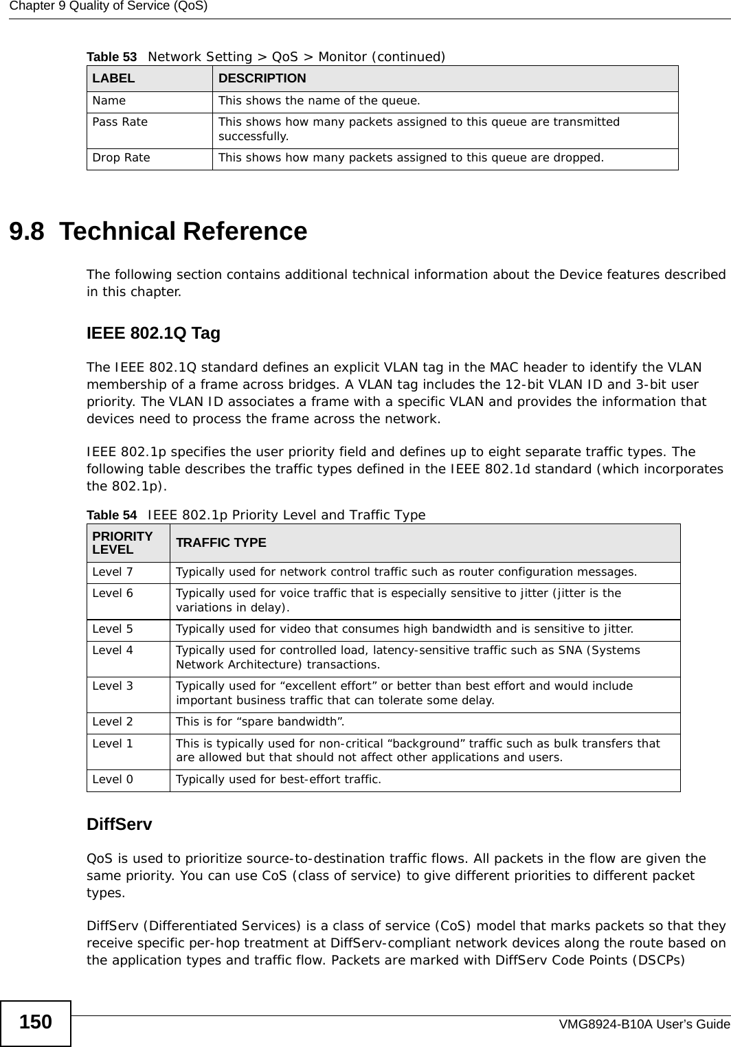 Chapter 9 Quality of Service (QoS)VMG8924-B10A User’s Guide1509.8  Technical ReferenceThe following section contains additional technical information about the Device features described in this chapter.IEEE 802.1Q TagThe IEEE 802.1Q standard defines an explicit VLAN tag in the MAC header to identify the VLAN membership of a frame across bridges. A VLAN tag includes the 12-bit VLAN ID and 3-bit user priority. The VLAN ID associates a frame with a specific VLAN and provides the information that devices need to process the frame across the network. IEEE 802.1p specifies the user priority field and defines up to eight separate traffic types. The following table describes the traffic types defined in the IEEE 802.1d standard (which incorporates the 802.1p).  DiffServ QoS is used to prioritize source-to-destination traffic flows. All packets in the flow are given the same priority. You can use CoS (class of service) to give different priorities to different packet types.DiffServ (Differentiated Services) is a class of service (CoS) model that marks packets so that they receive specific per-hop treatment at DiffServ-compliant network devices along the route based on the application types and traffic flow. Packets are marked with DiffServ Code Points (DSCPs) Name This shows the name of the queue. Pass Rate This shows how many packets assigned to this queue are transmitted successfully.Drop Rate This shows how many packets assigned to this queue are dropped.Table 53   Network Setting &gt; QoS &gt; Monitor (continued)LABEL DESCRIPTIONTable 54   IEEE 802.1p Priority Level and Traffic TypePRIORITY LEVEL TRAFFIC TYPELevel 7 Typically used for network control traffic such as router configuration messages.Level 6 Typically used for voice traffic that is especially sensitive to jitter (jitter is the variations in delay).Level 5 Typically used for video that consumes high bandwidth and is sensitive to jitter.Level 4 Typically used for controlled load, latency-sensitive traffic such as SNA (Systems Network Architecture) transactions.Level 3 Typically used for “excellent effort” or better than best effort and would include important business traffic that can tolerate some delay.Level 2 This is for “spare bandwidth”. Level 1 This is typically used for non-critical “background” traffic such as bulk transfers that are allowed but that should not affect other applications and users. Level 0 Typically used for best-effort traffic.