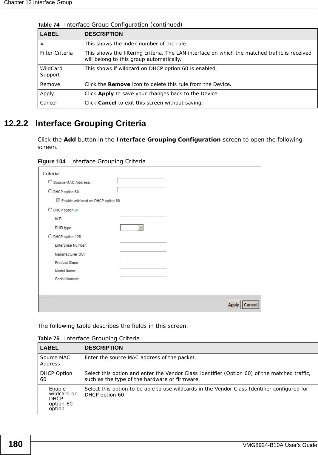 Chapter 12 Interface GroupVMG8924-B10A User’s Guide18012.2.2   Interface Grouping CriteriaClick the Add button in the Interface Grouping Configuration screen to open the following screen.Figure 104   Interface Grouping Criteria The following table describes the fields in this screen. #This shows the index number of the rule.Filter Criteria This shows the filtering criteria. The LAN interface on which the matched traffic is received will belong to this group automatically.WildCard Support This shows if wildcard on DHCP option 60 is enabled.Remove Click the Remove icon to delete this rule from the Device.Apply Click Apply to save your changes back to the Device.Cancel Click Cancel to exit this screen without saving.Table 74   Interface Group Configuration (continued)LABEL DESCRIPTIONTable 75   Interface Grouping CriteriaLABEL DESCRIPTIONSource MAC Address Enter the source MAC address of the packet.DHCP Option 60 Select this option and enter the Vendor Class Identifier (Option 60) of the matched traffic, such as the type of the hardware or firmware.Enable wildcard on DHCP option 60 optionSelect this option to be able to use wildcards in the Vendor Class Identifier configured for DHCP option 60.