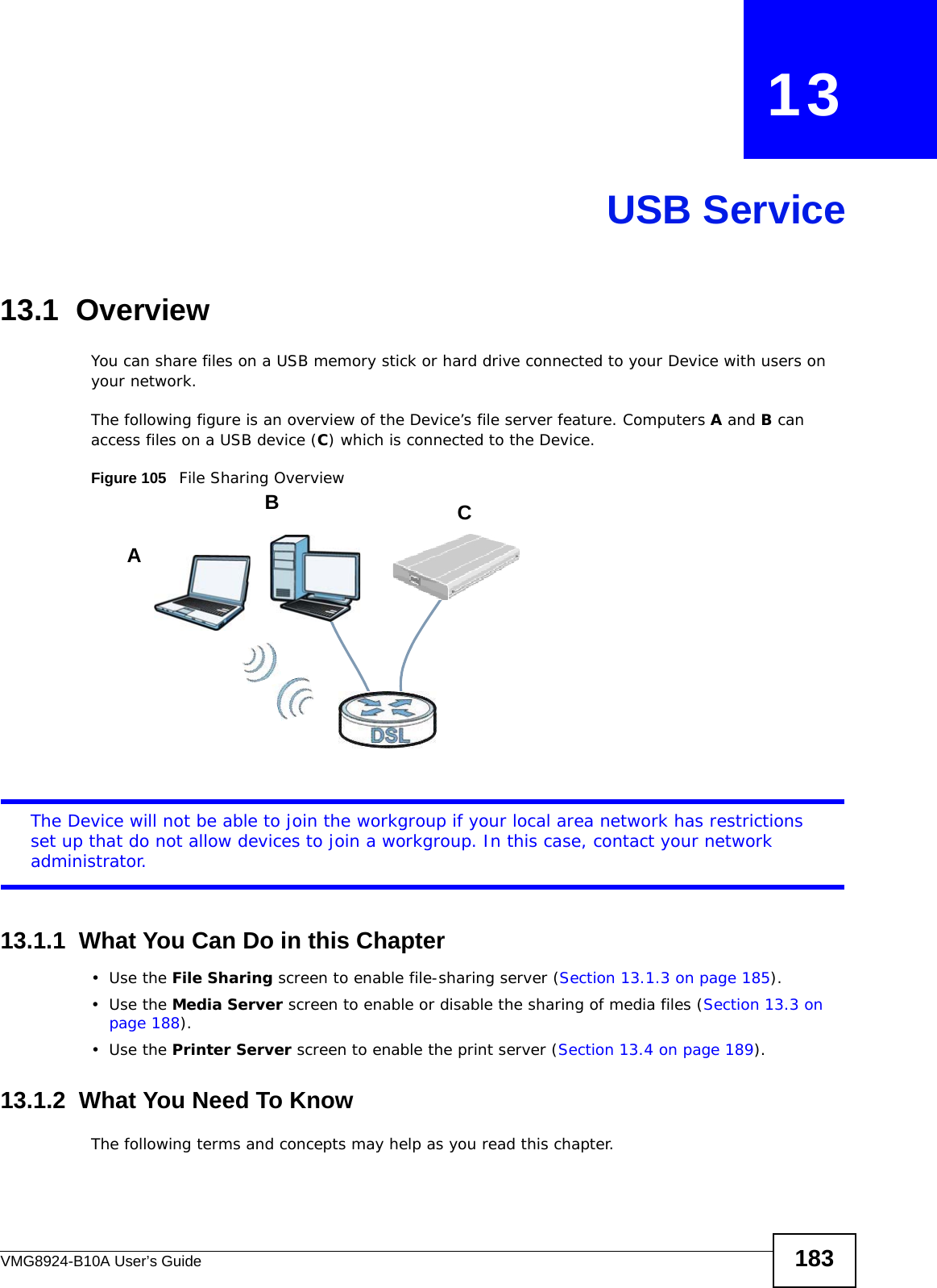 VMG8924-B10A User’s Guide 183CHAPTER   13USB Service13.1  Overview You can share files on a USB memory stick or hard drive connected to your Device with users on your network. The following figure is an overview of the Device’s file server feature. Computers A and B can access files on a USB device (C) which is connected to the Device.Figure 105   File Sharing OverviewThe Device will not be able to join the workgroup if your local area network has restrictions set up that do not allow devices to join a workgroup. In this case, contact your network administrator.13.1.1  What You Can Do in this Chapter•Use the File Sharing screen to enable file-sharing server (Section 13.1.3 on page 185). •Use the Media Server screen to enable or disable the sharing of media files (Section 13.3 on page 188).•Use the Printer Server screen to enable the print server (Section 13.4 on page 189).13.1.2  What You Need To KnowThe following terms and concepts may help as you read this chapter.ABC
