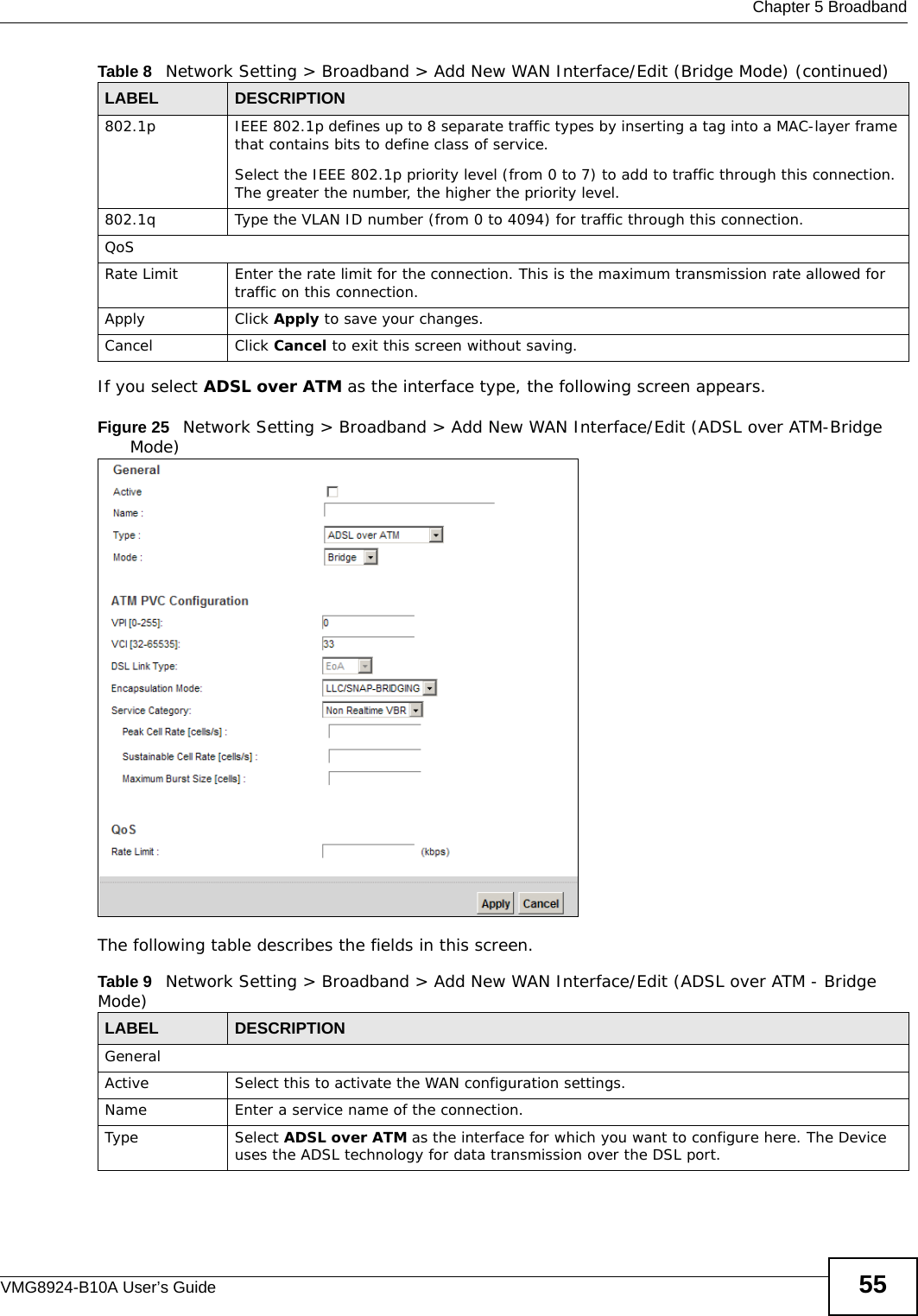  Chapter 5 BroadbandVMG8924-B10A User’s Guide 55If you select ADSL over ATM as the interface type, the following screen appears.Figure 25   Network Setting &gt; Broadband &gt; Add New WAN Interface/Edit (ADSL over ATM-Bridge Mode)The following table describes the fields in this screen.802.1p IEEE 802.1p defines up to 8 separate traffic types by inserting a tag into a MAC-layer frame that contains bits to define class of service. Select the IEEE 802.1p priority level (from 0 to 7) to add to traffic through this connection. The greater the number, the higher the priority level.802.1q Type the VLAN ID number (from 0 to 4094) for traffic through this connection.QoSRate Limit Enter the rate limit for the connection. This is the maximum transmission rate allowed for traffic on this connection.Apply Click Apply to save your changes.Cancel Click Cancel to exit this screen without saving.Table 9   Network Setting &gt; Broadband &gt; Add New WAN Interface/Edit (ADSL over ATM - Bridge Mode)LABEL DESCRIPTIONGeneralActive Select this to activate the WAN configuration settings.Name Enter a service name of the connection.Type Select ADSL over ATM as the interface for which you want to configure here. The Device uses the ADSL technology for data transmission over the DSL port.Table 8   Network Setting &gt; Broadband &gt; Add New WAN Interface/Edit (Bridge Mode) (continued)LABEL DESCRIPTION