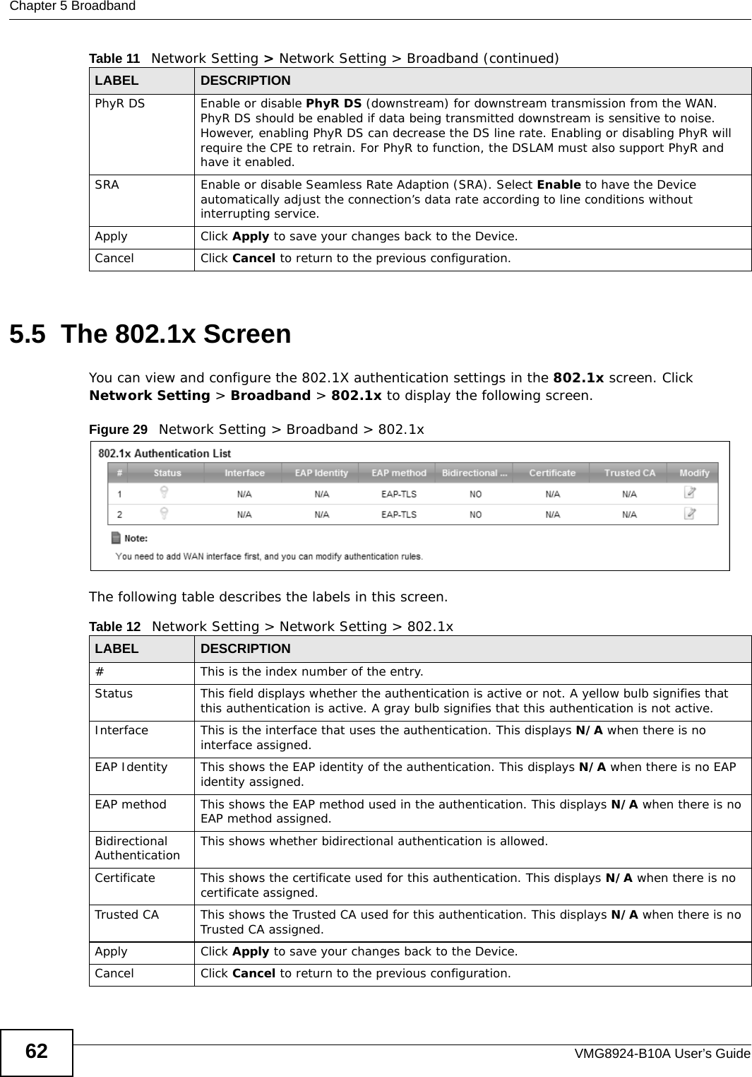 Chapter 5 BroadbandVMG8924-B10A User’s Guide625.5  The 802.1x ScreenYou can view and configure the 802.1X authentication settings in the 802.1x screen. Click Network Setting &gt; Broadband &gt; 802.1x to display the following screen.Figure 29   Network Setting &gt; Broadband &gt; 802.1xThe following table describes the labels in this screen. PhyR DS Enable or disable PhyR DS (downstream) for downstream transmission from the WAN. PhyR DS should be enabled if data being transmitted downstream is sensitive to noise. However, enabling PhyR DS can decrease the DS line rate. Enabling or disabling PhyR will require the CPE to retrain. For PhyR to function, the DSLAM must also support PhyR and have it enabled.SRA Enable or disable Seamless Rate Adaption (SRA). Select Enable to have the Device automatically adjust the connection’s data rate according to line conditions without interrupting service.Apply Click Apply to save your changes back to the Device.Cancel Click Cancel to return to the previous configuration.Table 11   Network Setting &gt; Network Setting &gt; Broadband (continued)LABEL DESCRIPTIONTable 12   Network Setting &gt; Network Setting &gt; 802.1xLABEL DESCRIPTION# This is the index number of the entry.Status  This field displays whether the authentication is active or not. A yellow bulb signifies that this authentication is active. A gray bulb signifies that this authentication is not active.Interface This is the interface that uses the authentication. This displays N/A when there is no interface assigned.EAP Identity This shows the EAP identity of the authentication. This displays N/A when there is no EAP identity assigned.EAP method This shows the EAP method used in the authentication. This displays N/A when there is no EAP method assigned.Bidirectional Authentication This shows whether bidirectional authentication is allowed. Certificate This shows the certificate used for this authentication. This displays N/A when there is no certificate assigned.Trusted CA This shows the Trusted CA used for this authentication. This displays N/A when there is no Trusted CA assigned.Apply Click Apply to save your changes back to the Device.Cancel Click Cancel to return to the previous configuration.