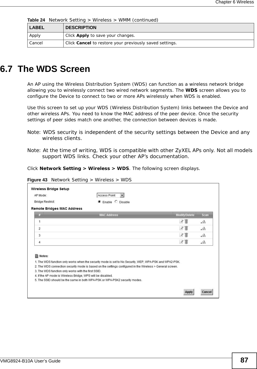  Chapter 6 WirelessVMG8924-B10A User’s Guide 876.7  The WDS ScreenAn AP using the Wireless Distribution System (WDS) can function as a wireless network bridge allowing you to wirelessly connect two wired network segments. The WDS screen allows you to configure the Device to connect to two or more APs wirelessly when WDS is enabled. Use this screen to set up your WDS (Wireless Distribution System) links between the Device and other wireless APs. You need to know the MAC address of the peer device. Once the security settings of peer sides match one another, the connection between devices is made. Note: WDS security is independent of the security settings between the Device and any wireless clients.Note: At the time of writing, WDS is compatible with other ZyXEL APs only. Not all models support WDS links. Check your other AP’s documentation.Click Network Setting &gt; Wireless &gt; WDS. The following screen displays.Figure 43   Network Setting &gt; Wireless &gt; WDSApply Click Apply to save your changes.Cancel Click Cancel to restore your previously saved settings.Table 24   Network Setting &gt; Wireless &gt; WMM (continued)LABEL DESCRIPTION