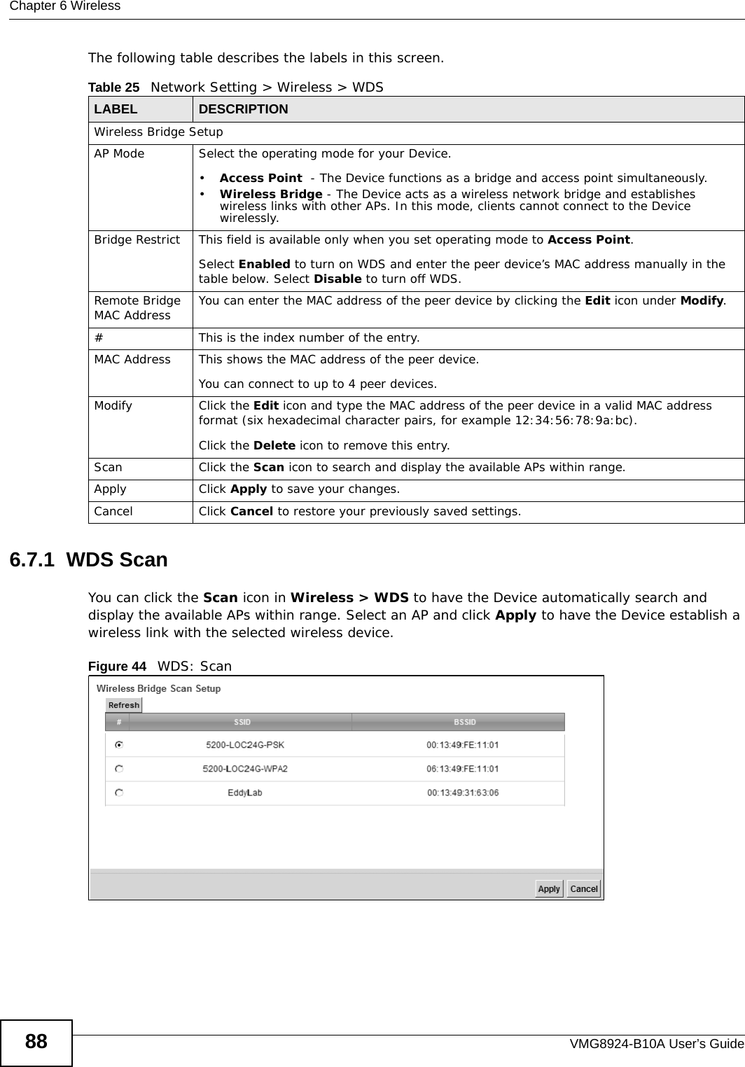 Chapter 6 WirelessVMG8924-B10A User’s Guide88The following table describes the labels in this screen.6.7.1  WDS ScanYou can click the Scan icon in Wireless &gt; WDS to have the Device automatically search and display the available APs within range. Select an AP and click Apply to have the Device establish a wireless link with the selected wireless device. Figure 44   WDS: ScanTable 25   Network Setting &gt; Wireless &gt; WDSLABEL DESCRIPTIONWireless Bridge SetupAP Mode Select the operating mode for your Device.•Access Point  - The Device functions as a bridge and access point simultaneously. •Wireless Bridge - The Device acts as a wireless network bridge and establishes wireless links with other APs. In this mode, clients cannot connect to the Device wirelessly.Bridge Restrict This field is available only when you set operating mode to Access Point.Select Enabled to turn on WDS and enter the peer device’s MAC address manually in the table below. Select Disable to turn off WDS.Remote Bridge MAC Address You can enter the MAC address of the peer device by clicking the Edit icon under Modify. # This is the index number of the entry.MAC Address This shows the MAC address of the peer device. You can connect to up to 4 peer devices.Modify Click the Edit icon and type the MAC address of the peer device in a valid MAC address format (six hexadecimal character pairs, for example 12:34:56:78:9a:bc).Click the Delete icon to remove this entry.Scan Click the Scan icon to search and display the available APs within range.Apply Click Apply to save your changes.Cancel Click Cancel to restore your previously saved settings.