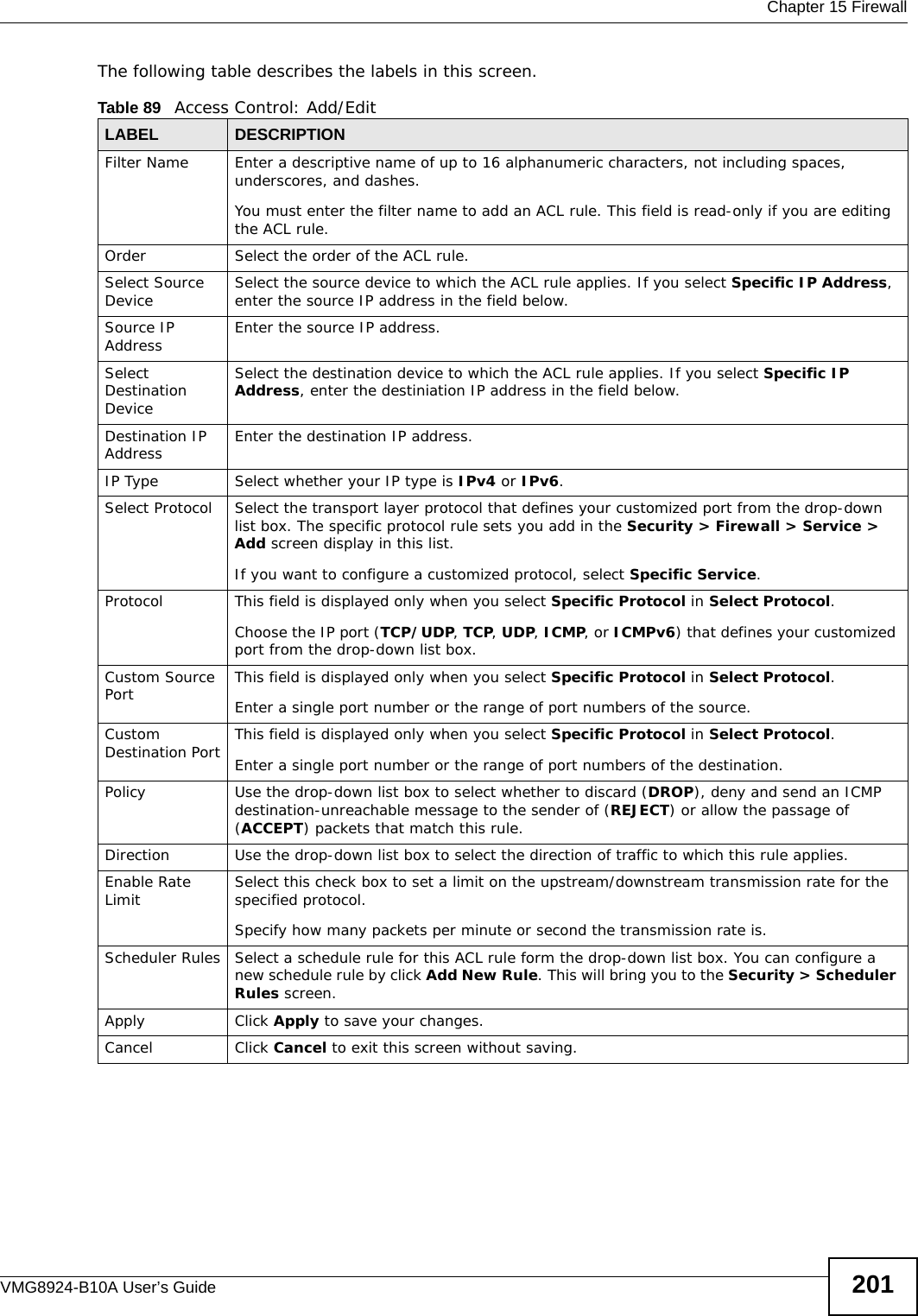  Chapter 15 FirewallVMG8924-B10A User’s Guide 201The following table describes the labels in this screen.Table 89   Access Control: Add/EditLABEL DESCRIPTIONFilter Name Enter a descriptive name of up to 16 alphanumeric characters, not including spaces, underscores, and dashes. You must enter the filter name to add an ACL rule. This field is read-only if you are editing the ACL rule.Order Select the order of the ACL rule.Select Source Device Select the source device to which the ACL rule applies. If you select Specific IP Address, enter the source IP address in the field below.Source IP Address Enter the source IP address.Select Destination DeviceSelect the destination device to which the ACL rule applies. If you select Specific IP Address, enter the destiniation IP address in the field below.Destination IP Address Enter the destination IP address.IP Type Select whether your IP type is IPv4 or IPv6. Select Protocol Select the transport layer protocol that defines your customized port from the drop-down list box. The specific protocol rule sets you add in the Security &gt; Firewall &gt; Service &gt; Add screen display in this list. If you want to configure a customized protocol, select Specific Service.Protocol This field is displayed only when you select Specific Protocol in Select Protocol.Choose the IP port (TCP/UDP, TCP, UDP, ICMP, or ICMPv6) that defines your customized port from the drop-down list box.Custom Source Port This field is displayed only when you select Specific Protocol in Select Protocol.Enter a single port number or the range of port numbers of the source.Custom Destination Port This field is displayed only when you select Specific Protocol in Select Protocol.Enter a single port number or the range of port numbers of the destination.Policy Use the drop-down list box to select whether to discard (DROP), deny and send an ICMP destination-unreachable message to the sender of (REJECT) or allow the passage of (ACCEPT) packets that match this rule.Direction  Use the drop-down list box to select the direction of traffic to which this rule applies.Enable Rate Limit Select this check box to set a limit on the upstream/downstream transmission rate for the specified protocol.Specify how many packets per minute or second the transmission rate is.Scheduler Rules Select a schedule rule for this ACL rule form the drop-down list box. You can configure a new schedule rule by click Add New Rule. This will bring you to the Security &gt; Scheduler Rules screen.Apply Click Apply to save your changes.Cancel Click Cancel to exit this screen without saving.