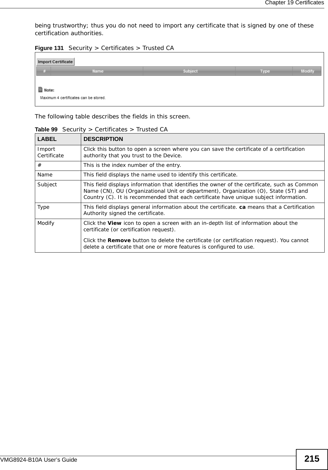  Chapter 19 CertificatesVMG8924-B10A User’s Guide 215being trustworthy; thus you do not need to import any certificate that is signed by one of these certification authorities. Figure 131   Security &gt; Certificates &gt; Trusted CA The following table describes the fields in this screen. Table 99   Security &gt; Certificates &gt; Trusted CALABEL DESCRIPTIONImport Certificate Click this button to open a screen where you can save the certificate of a certification authority that you trust to the Device.# This is the index number of the entry.Name This field displays the name used to identify this certificate. Subject This field displays information that identifies the owner of the certificate, such as Common Name (CN), OU (Organizational Unit or department), Organization (O), State (ST) and Country (C). It is recommended that each certificate have unique subject information.Type This field displays general information about the certificate. ca means that a Certification Authority signed the certificate. Modify Click the View icon to open a screen with an in-depth list of information about the certificate (or certification request).Click the Remove button to delete the certificate (or certification request). You cannot delete a certificate that one or more features is configured to use.