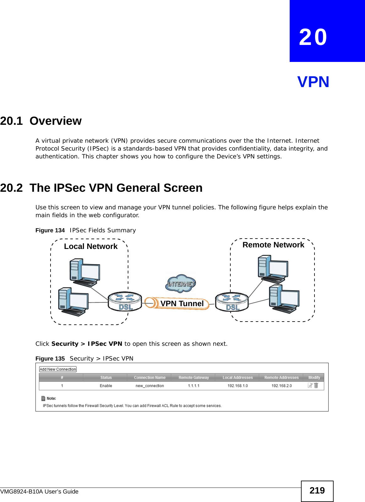 VMG8924-B10A User’s Guide 219CHAPTER   20VPN20.1  OverviewA virtual private network (VPN) provides secure communications over the the Internet. Internet Protocol Security (IPSec) is a standards-based VPN that provides confidentiality, data integrity, and authentication. This chapter shows you how to configure the Device’s VPN settings.20.2  The IPSec VPN General ScreenUse this screen to view and manage your VPN tunnel policies. The following figure helps explain the main fields in the web configurator. Figure 134   IPSec Fields SummaryClick Security &gt; IPSec VPN to open this screen as shown next.Figure 135   Security &gt; IPSec VPNLocal Network Remote NetworkVPN Tunnel