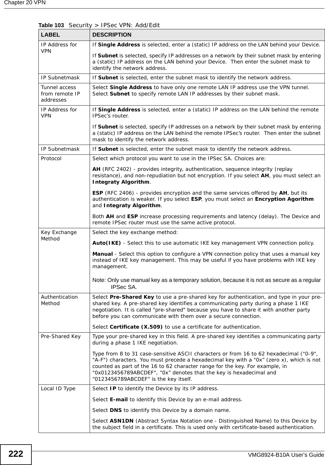 Chapter 20 VPNVMG8924-B10A User’s Guide222IP Address for VPN If Single Address is selected, enter a (static) IP address on the LAN behind your Device. If Subnet is selected, specify IP addresses on a network by their subnet mask by entering a (static) IP address on the LAN behind your Device.  Then enter the subnet mask to identify the network address.IP Subnetmask If Subnet is selected, enter the subnet mask to identify the network address.Tunnel access from remote IP addressesSelect Single Address to have only one remote LAN IP address use the VPN tunnel. Select Subnet to specify remote LAN IP addresses by their subnet mask.IP Address for VPN If Single Address is selected, enter a (static) IP address on the LAN behind the remote IPSec’s router. If Subnet is selected, specify IP addresses on a network by their subnet mask by entering a (static) IP address on the LAN behind the remote IPSec’s router.  Then enter the subnet mask to identify the network address.IP Subnetmask If Subnet is selected, enter the subnet mask to identify the network address.Protocol Select which protocol you want to use in the IPSec SA. Choices are:AH (RFC 2402) - provides integrity, authentication, sequence integrity (replay resistance), and non-repudiation but not encryption. If you select AH, you must select an Integraty Algorithm.ESP (RFC 2406) - provides encryption and the same services offered by AH, but its authentication is weaker. If you select ESP, you must select an Encryption Agorithm and Integraty Algorithm.Both AH and ESP increase processing requirements and latency (delay). The Device and remote IPSec router must use the same active protocol.Key Exchange Method Select the key exchange method:Auto(IKE) - Select this to use automatic IKE key management VPN connection policy.Manual - Select this option to configure a VPN connection policy that uses a manual key instead of IKE key management. This may be useful if you have problems with IKE key management. Note: Only use manual key as a temporary solution, because it is not as secure as a regular IPSec SA.Authentication Method Select Pre-Shared Key to use a pre-shared key for authentication, and type in your pre-shared key. A pre-shared key identifies a communicating party during a phase 1 IKE negotiation. It is called &quot;pre-shared&quot; because you have to share it with another party before you can communicate with them over a secure connection. Select Certificate (X.509) to use a certificate for authentication.Pre-Shared Key Type your pre-shared key in this field. A pre-shared key identifies a communicating party during a phase 1 IKE negotiation. Type from 8 to 31 case-sensitive ASCII characters or from 16 to 62 hexadecimal (&quot;0-9&quot;, &quot;A-F&quot;) characters. You must precede a hexadecimal key with a &quot;0x” (zero x), which is not counted as part of the 16 to 62 character range for the key. For example, in &quot;0x0123456789ABCDEF&quot;, “0x” denotes that the key is hexadecimal and “0123456789ABCDEF” is the key itself.Local ID Type Select IP to identify the Device by its IP address. Select E-mail to identify this Device by an e-mail address.Select DNS to identify this Device by a domain name.Select ASN1DN (Abstract Syntax Notation one - Distinguished Name) to this Device by the subject field in a certificate. This is used only with certificate-based authentication.Table 103   Security &gt; IPSec VPN: Add/EditLABEL DESCRIPTION