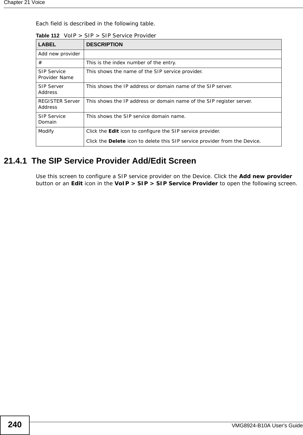 Chapter 21 VoiceVMG8924-B10A User’s Guide240Each field is described in the following table.21.4.1  The SIP Service Provider Add/Edit Screen Use this screen to configure a SIP service provider on the Device. Click the Add new provider button or an Edit icon in the VoIP &gt; SIP &gt; SIP Service Provider to open the following screen. Table 112   VoIP &gt; SIP &gt; SIP Service ProviderLABEL DESCRIPTIONAdd new provider# This is the index number of the entry.SIP Service Provider Name  This shows the name of the SIP service provider.SIP Server Address This shows the IP address or domain name of the SIP server.REGISTER Server Address This shows the IP address or domain name of the SIP register server.SIP Service Domain This shows the SIP service domain name.Modify Click the Edit icon to configure the SIP service provider.Click the Delete icon to delete this SIP service provider from the Device. 