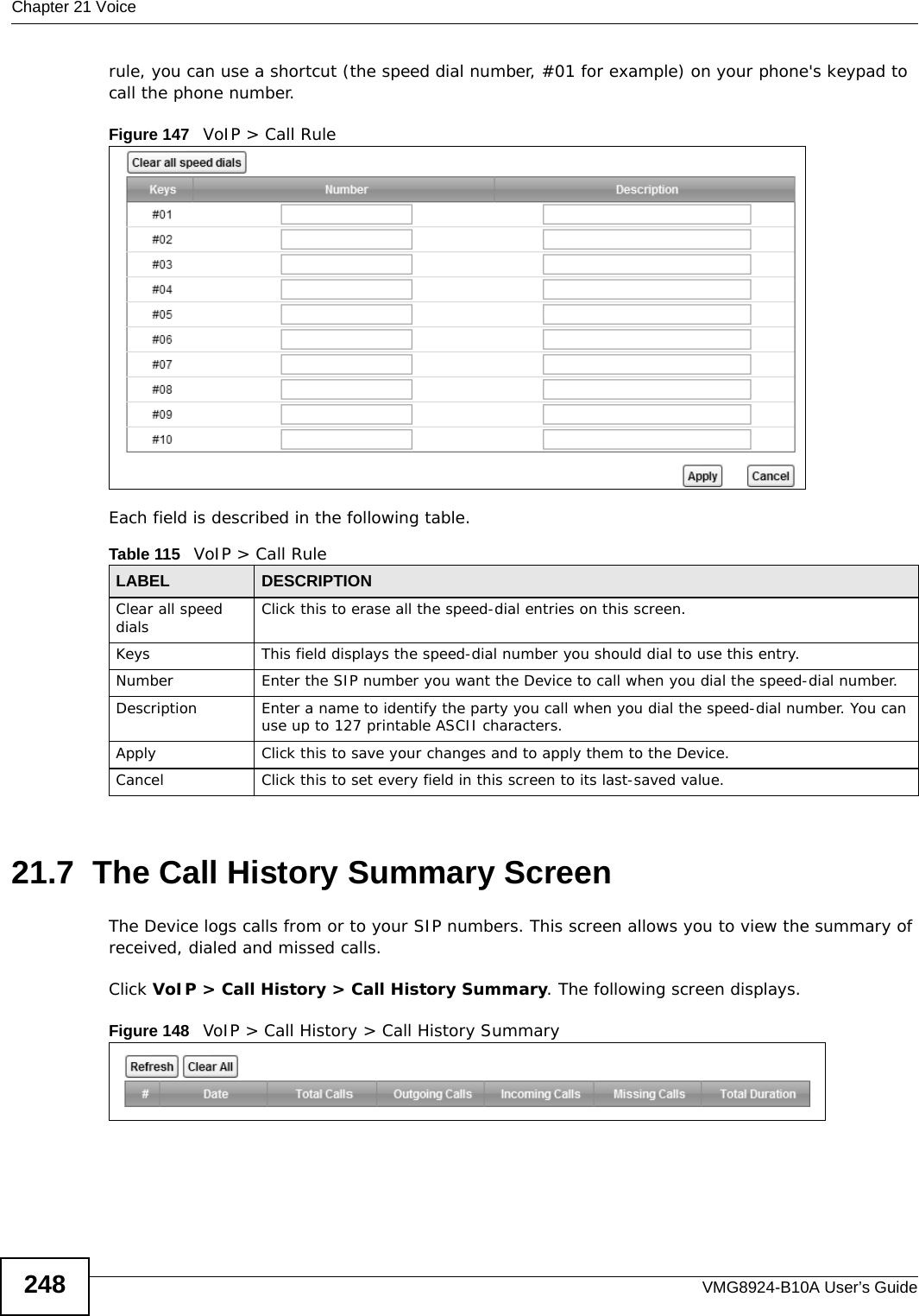 Chapter 21 VoiceVMG8924-B10A User’s Guide248rule, you can use a shortcut (the speed dial number, #01 for example) on your phone&apos;s keypad to call the phone number.Figure 147   VoIP &gt; Call RuleEach field is described in the following table.21.7  The Call History Summary ScreenThe Device logs calls from or to your SIP numbers. This screen allows you to view the summary of received, dialed and missed calls.Click VoIP &gt; Call History &gt; Call History Summary. The following screen displays.Figure 148   VoIP &gt; Call History &gt; Call History SummaryTable 115   VoIP &gt; Call RuleLABEL DESCRIPTIONClear all speed dials Click this to erase all the speed-dial entries on this screen.Keys This field displays the speed-dial number you should dial to use this entry.Number Enter the SIP number you want the Device to call when you dial the speed-dial number.Description Enter a name to identify the party you call when you dial the speed-dial number. You can use up to 127 printable ASCII characters.Apply Click this to save your changes and to apply them to the Device.Cancel Click this to set every field in this screen to its last-saved value.