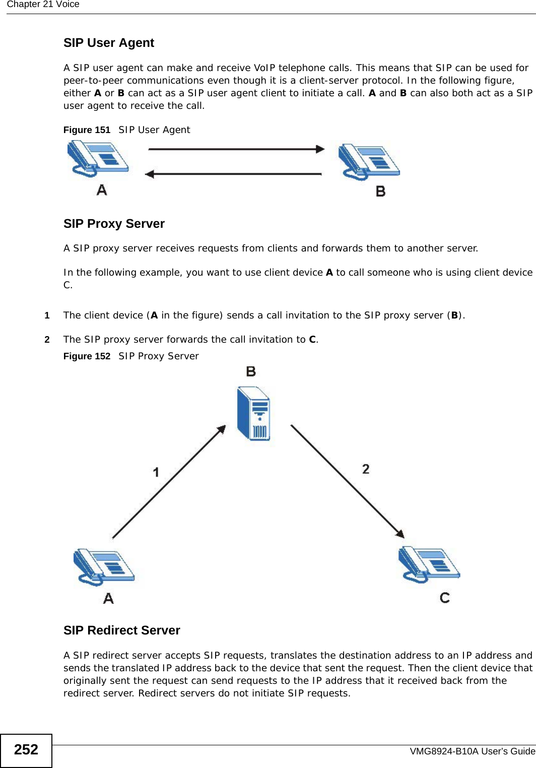 Chapter 21 VoiceVMG8924-B10A User’s Guide252SIP User AgentA SIP user agent can make and receive VoIP telephone calls. This means that SIP can be used for peer-to-peer communications even though it is a client-server protocol. In the following figure, either A or B can act as a SIP user agent client to initiate a call. A and B can also both act as a SIP user agent to receive the call.Figure 151   SIP User AgentSIP Proxy ServerA SIP proxy server receives requests from clients and forwards them to another server.In the following example, you want to use client device A to call someone who is using client device C. 1The client device (A in the figure) sends a call invitation to the SIP proxy server (B).2The SIP proxy server forwards the call invitation to C.Figure 152   SIP Proxy ServerSIP Redirect ServerA SIP redirect server accepts SIP requests, translates the destination address to an IP address and sends the translated IP address back to the device that sent the request. Then the client device that originally sent the request can send requests to the IP address that it received back from the redirect server. Redirect servers do not initiate SIP requests. 