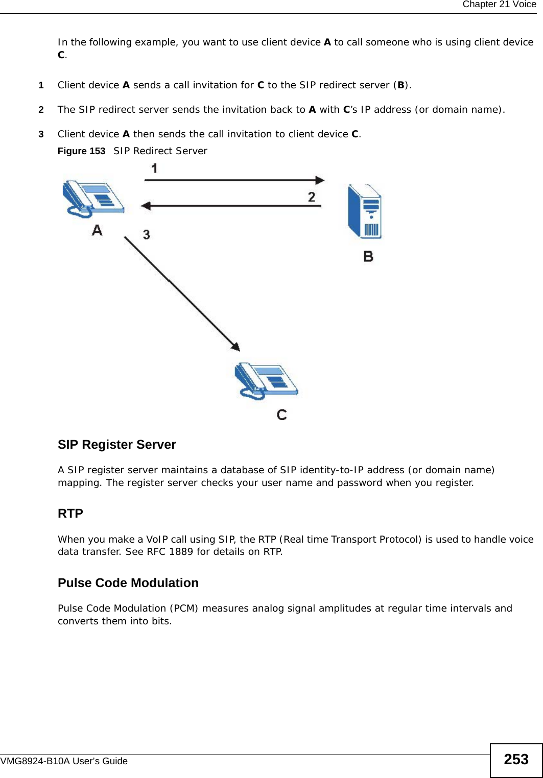  Chapter 21 VoiceVMG8924-B10A User’s Guide 253In the following example, you want to use client device A to call someone who is using client device C. 1Client device A sends a call invitation for C to the SIP redirect server (B).2The SIP redirect server sends the invitation back to A with C’s IP address (or domain name).3Client device A then sends the call invitation to client device C.Figure 153   SIP Redirect ServerSIP Register ServerA SIP register server maintains a database of SIP identity-to-IP address (or domain name) mapping. The register server checks your user name and password when you register. RTPWhen you make a VoIP call using SIP, the RTP (Real time Transport Protocol) is used to handle voice data transfer. See RFC 1889 for details on RTP.Pulse Code ModulationPulse Code Modulation (PCM) measures analog signal amplitudes at regular time intervals and converts them into bits.