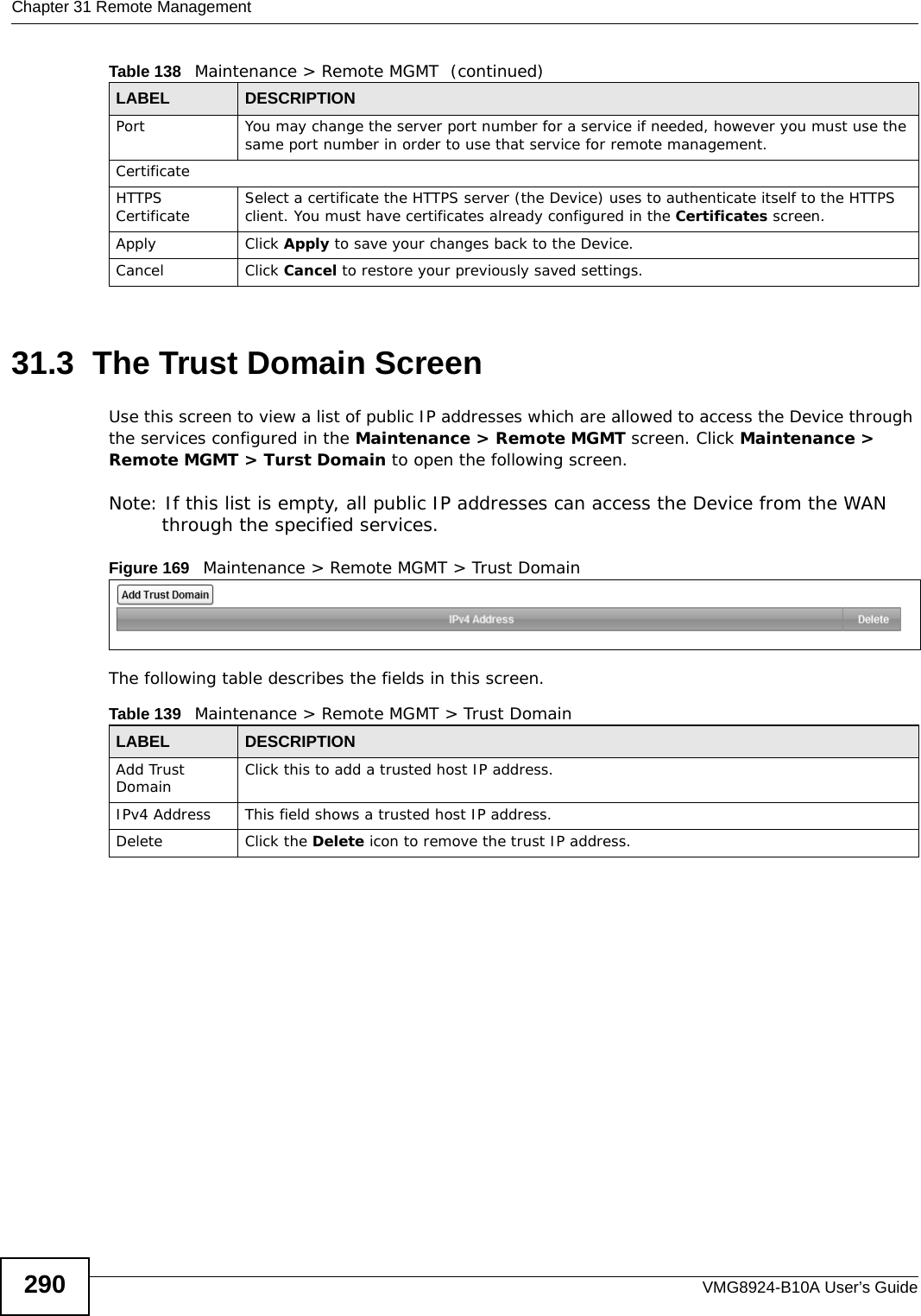 Chapter 31 Remote ManagementVMG8924-B10A User’s Guide29031.3  The Trust Domain ScreenUse this screen to view a list of public IP addresses which are allowed to access the Device through the services configured in the Maintenance &gt; Remote MGMT screen. Click Maintenance &gt; Remote MGMT &gt; Turst Domain to open the following screen. Note: If this list is empty, all public IP addresses can access the Device from the WAN through the specified services.Figure 169   Maintenance &gt; Remote MGMT &gt; Trust Domain The following table describes the fields in this screen. Port You may change the server port number for a service if needed, however you must use the same port number in order to use that service for remote management.CertificateHTTPS Certificate Select a certificate the HTTPS server (the Device) uses to authenticate itself to the HTTPS client. You must have certificates already configured in the Certificates screen.Apply Click Apply to save your changes back to the Device.Cancel Click Cancel to restore your previously saved settings.Table 138   Maintenance &gt; Remote MGMT  (continued)LABEL DESCRIPTIONTable 139   Maintenance &gt; Remote MGMT &gt; Trust Domain LABEL DESCRIPTIONAdd Trust Domain Click this to add a trusted host IP address.IPv4 Address This field shows a trusted host IP address.Delete Click the Delete icon to remove the trust IP address.