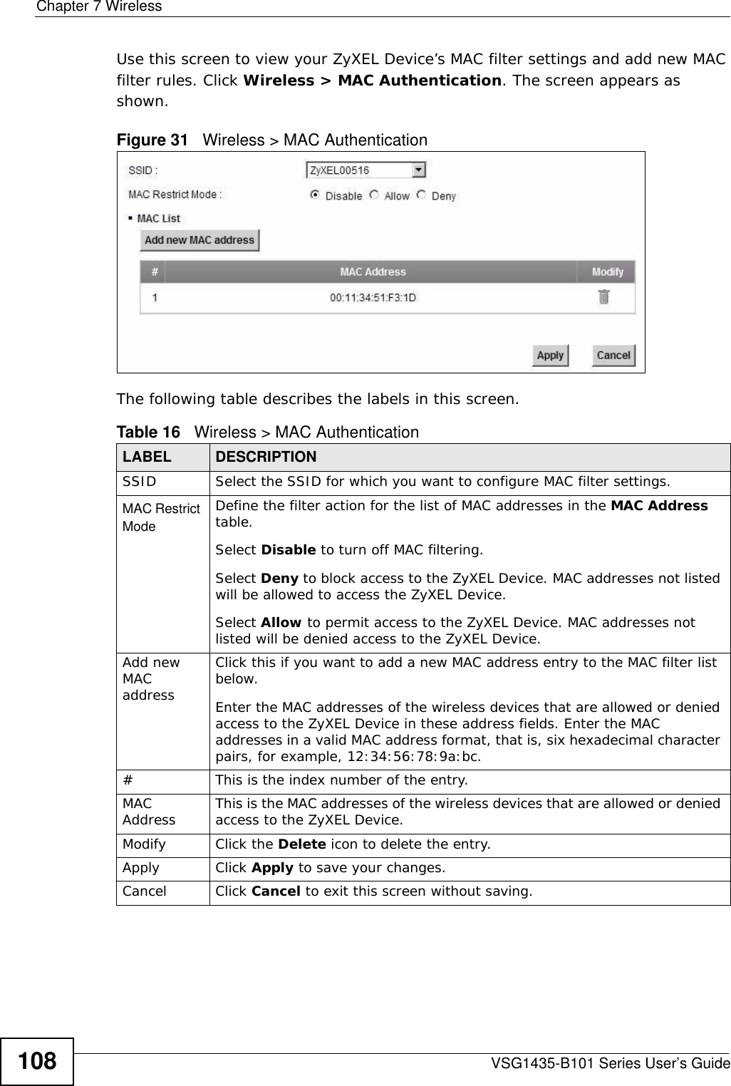 Chapter 7 WirelessVSG1435-B101 Series User’s Guide108Use this screen to view your ZyXEL Device’s MAC filter settings and add new MAC filter rules. Click Wireless &gt; MAC Authentication. The screen appears as shown.Figure 31   Wireless &gt; MAC AuthenticationThe following table describes the labels in this screen.Table 16   Wireless &gt; MAC AuthenticationLABEL DESCRIPTIONSSID Select the SSID for which you want to configure MAC filter settings.MAC Restrict Mode Define the filter action for the list of MAC addresses in the MAC Address table. Select Disable to turn off MAC filtering.Select Deny to block access to the ZyXEL Device. MAC addresses not listed will be allowed to access the ZyXEL Device. Select Allow to permit access to the ZyXEL Device. MAC addresses not listed will be denied access to the ZyXEL Device. Add new MAC addressClick this if you want to add a new MAC address entry to the MAC filter list below.Enter the MAC addresses of the wireless devices that are allowed or denied access to the ZyXEL Device in these address fields. Enter the MAC addresses in a valid MAC address format, that is, six hexadecimal character pairs, for example, 12:34:56:78:9a:bc.#This is the index number of the entry.MAC Address This is the MAC addresses of the wireless devices that are allowed or denied access to the ZyXEL Device.Modify Click the Delete icon to delete the entry.Apply Click Apply to save your changes.Cancel Click Cancel to exit this screen without saving.
