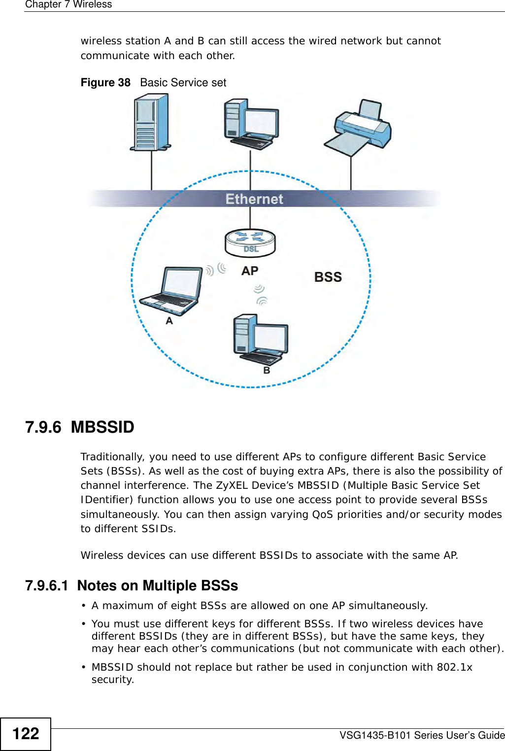 Chapter 7 WirelessVSG1435-B101 Series User’s Guide122wireless station A and B can still access the wired network but cannot communicate with each other.Figure 38   Basic Service set7.9.6  MBSSIDTraditionally, you need to use different APs to configure different Basic Service Sets (BSSs). As well as the cost of buying extra APs, there is also the possibility of channel interference. The ZyXEL Device’s MBSSID (Multiple Basic Service Set IDentifier) function allows you to use one access point to provide several BSSs simultaneously. You can then assign varying QoS priorities and/or security modes to different SSIDs.Wireless devices can use different BSSIDs to associate with the same AP.7.9.6.1  Notes on Multiple BSSs• A maximum of eight BSSs are allowed on one AP simultaneously.• You must use different keys for different BSSs. If two wireless devices have different BSSIDs (they are in different BSSs), but have the same keys, they may hear each other’s communications (but not communicate with each other).• MBSSID should not replace but rather be used in conjunction with 802.1x security.