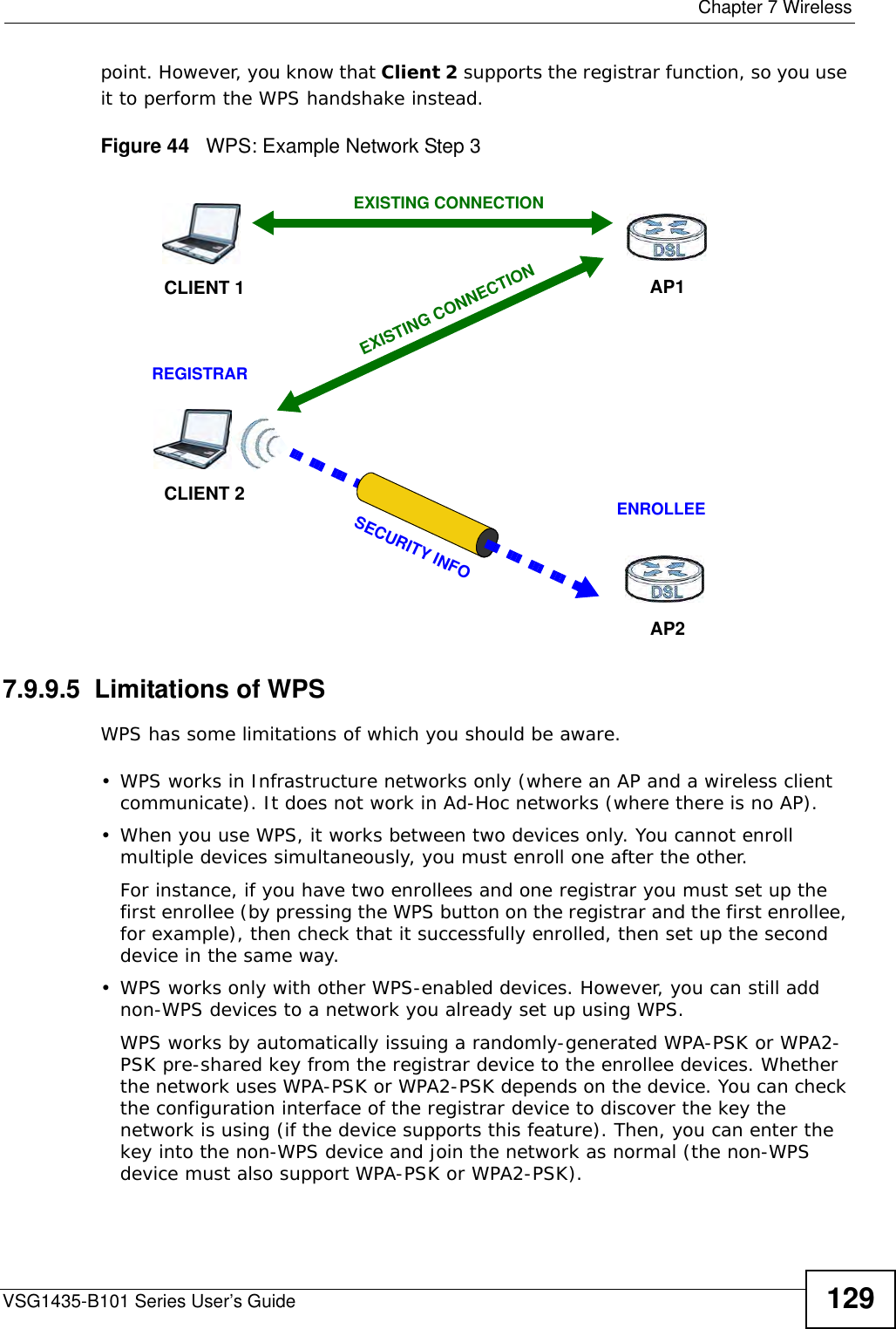  Chapter 7 WirelessVSG1435-B101 Series User’s Guide 129point. However, you know that Client 2 supports the registrar function, so you use it to perform the WPS handshake instead.Figure 44   WPS: Example Network Step 37.9.9.5  Limitations of WPSWPS has some limitations of which you should be aware. • WPS works in Infrastructure networks only (where an AP and a wireless client communicate). It does not work in Ad-Hoc networks (where there is no AP).• When you use WPS, it works between two devices only. You cannot enroll multiple devices simultaneously, you must enroll one after the other. For instance, if you have two enrollees and one registrar you must set up the first enrollee (by pressing the WPS button on the registrar and the first enrollee, for example), then check that it successfully enrolled, then set up the second device in the same way.• WPS works only with other WPS-enabled devices. However, you can still add non-WPS devices to a network you already set up using WPS. WPS works by automatically issuing a randomly-generated WPA-PSK or WPA2-PSK pre-shared key from the registrar device to the enrollee devices. Whether the network uses WPA-PSK or WPA2-PSK depends on the device. You can check the configuration interface of the registrar device to discover the key the network is using (if the device supports this feature). Then, you can enter the key into the non-WPS device and join the network as normal (the non-WPS device must also support WPA-PSK or WPA2-PSK).CLIENT 1 AP1REGISTRARCLIENT 2EXISTING CONNECTIONSECURITY INFOENROLLEEAP2EXISTING CONNECTION