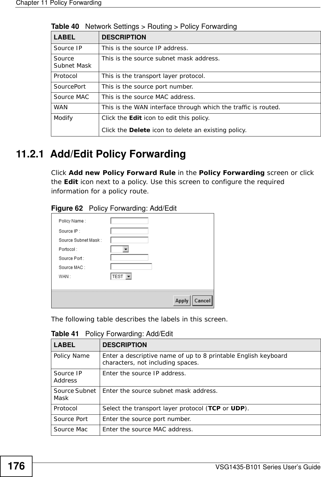 Chapter 11 Policy ForwardingVSG1435-B101 Series User’s Guide17611.2.1  Add/Edit Policy Forwarding   Click Add new Policy Forward Rule in the Policy Forwarding screen or click the Edit icon next to a policy. Use this screen to configure the required information for a policy route. Figure 62   Policy Forwarding: Add/Edit The following table describes the labels in this screen. Source IP This is the source IP address.Source Subnet Mask This is the source subnet mask address.Protocol This is the transport layer protocol.SourcePort This is the source port number.Source MAC This is the source MAC address.WAN This is the WAN interface through which the traffic is routed. Modify Click the Edit icon to edit this policy.Click the Delete icon to delete an existing policy. Table 40   Network Settings &gt; Routing &gt; Policy ForwardingLABEL DESCRIPTIONTable 41   Policy Forwarding: Add/EditLABEL DESCRIPTIONPolicy Name Enter a descriptive name of up to 8 printable English keyboard characters, not including spaces. Source IP Address Enter the source IP address.Source Subnet Mask Enter the source subnet mask address.Protocol Select the transport layer protocol (TCP or UDP).Source Port Enter the source port number. Source Mac  Enter the source MAC address. 