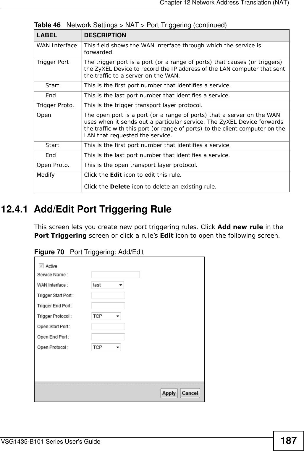  Chapter 12 Network Address Translation (NAT)VSG1435-B101 Series User’s Guide 18712.4.1  Add/Edit Port Triggering Rule This screen lets you create new port triggering rules. Click Add new rule in the Port Triggering screen or click a rule’s Edit icon to open the following screen.Figure 70   Port Triggering: Add/Edit WAN Interface This field shows the WAN interface through which the service is forwarded.Trigger Port The trigger port is a port (or a range of ports) that causes (or triggers) the ZyXEL Device to record the IP address of the LAN computer that sent the traffic to a server on the WAN.Start This is the first port number that identifies a service.End This is the last port number that identifies a service.Trigger Proto. This is the trigger transport layer protocol. Open The open port is a port (or a range of ports) that a server on the WAN uses when it sends out a particular service. The ZyXEL Device forwards the traffic with this port (or range of ports) to the client computer on the LAN that requested the service. Start This is the first port number that identifies a service.End This is the last port number that identifies a service.Open Proto. This is the open transport layer protocol.Modify Click the Edit icon to edit this rule.Click the Delete icon to delete an existing rule. Table 46   Network Settings &gt; NAT &gt; Port Triggering (continued)LABEL DESCRIPTION